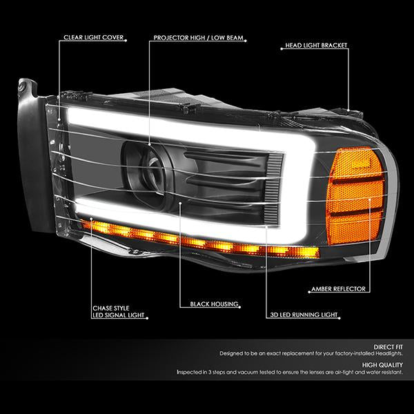 LED DRL Sequential Projector Headlights<br>02-05 Dodge Ram 1500 2500 3500