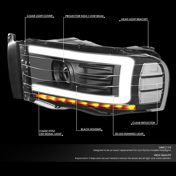 LED DRL Sequential Projector Headlights<br>02-05 Dodge Ram 1500 2500 3500