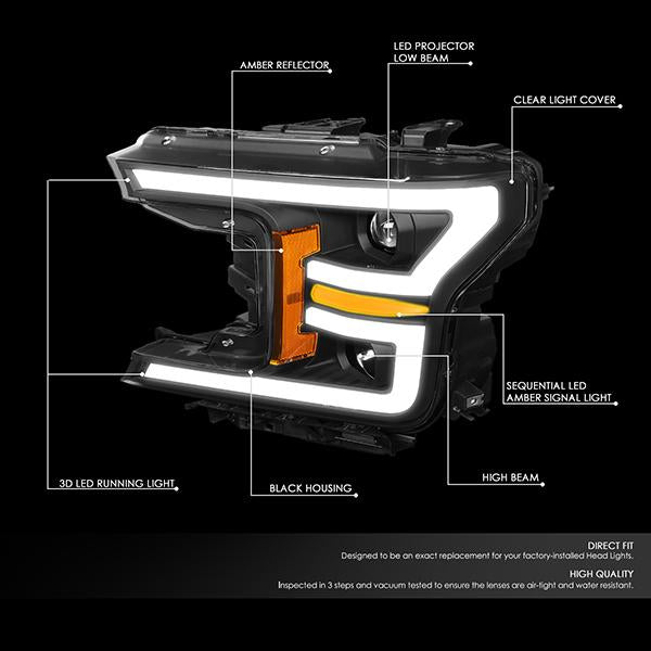 LED DRL Sequential Projector Headlights<br>18-20 Ford F-150