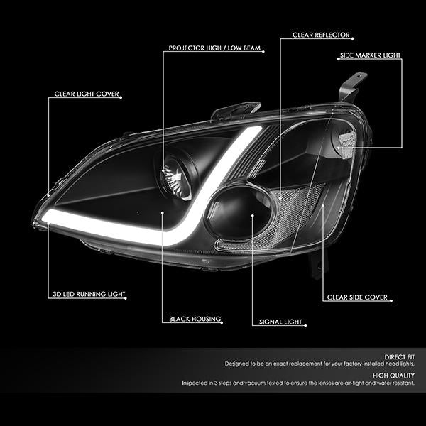 LED DRL Projector Headlights<br>01-03 Honda Civic Coupe/ Sedan