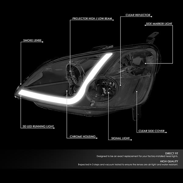 LED DRL Projector Headlights<br>01-03 Honda Civic Coupe/ Sedan