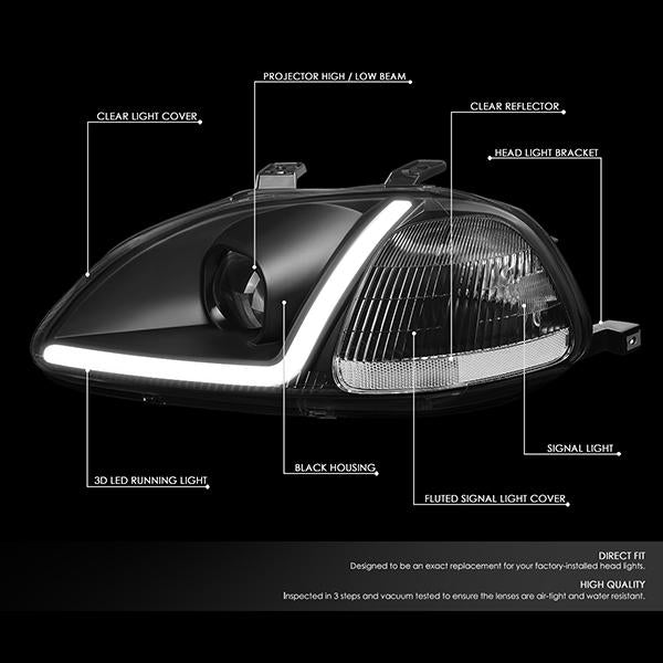 LED DRL Projector Headlights<br>96-98 Honda Civic