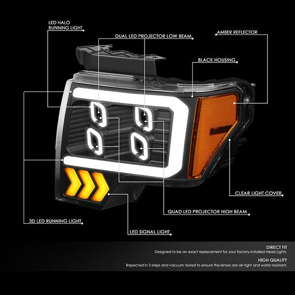 LED DRL Halo Projector Headlights<br>09-14 Ford F150