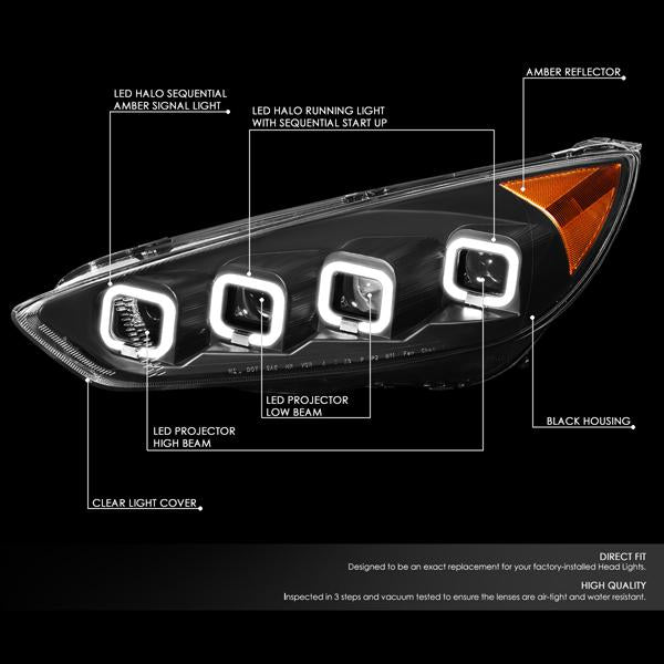 LED DRL Halo Sequential Projector Headlights<br>15-18 Ford Focus