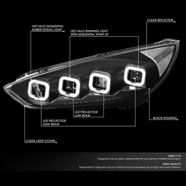 LED DRL Halo Sequential Projector Headlights<br>15-18 Ford Focus