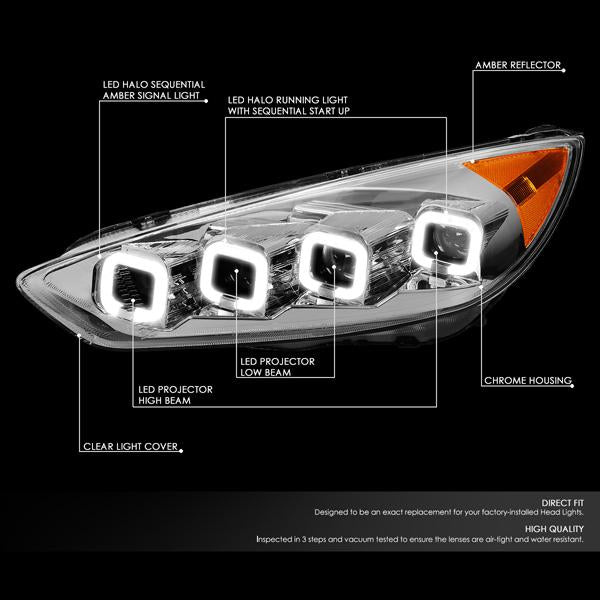 LED DRL Halo Sequential Projector Headlights<br>15-18 Ford Focus