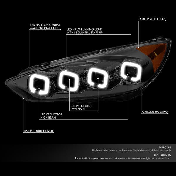 LED DRL Halo Sequential Projector Headlights<br>15-18 Ford Focus