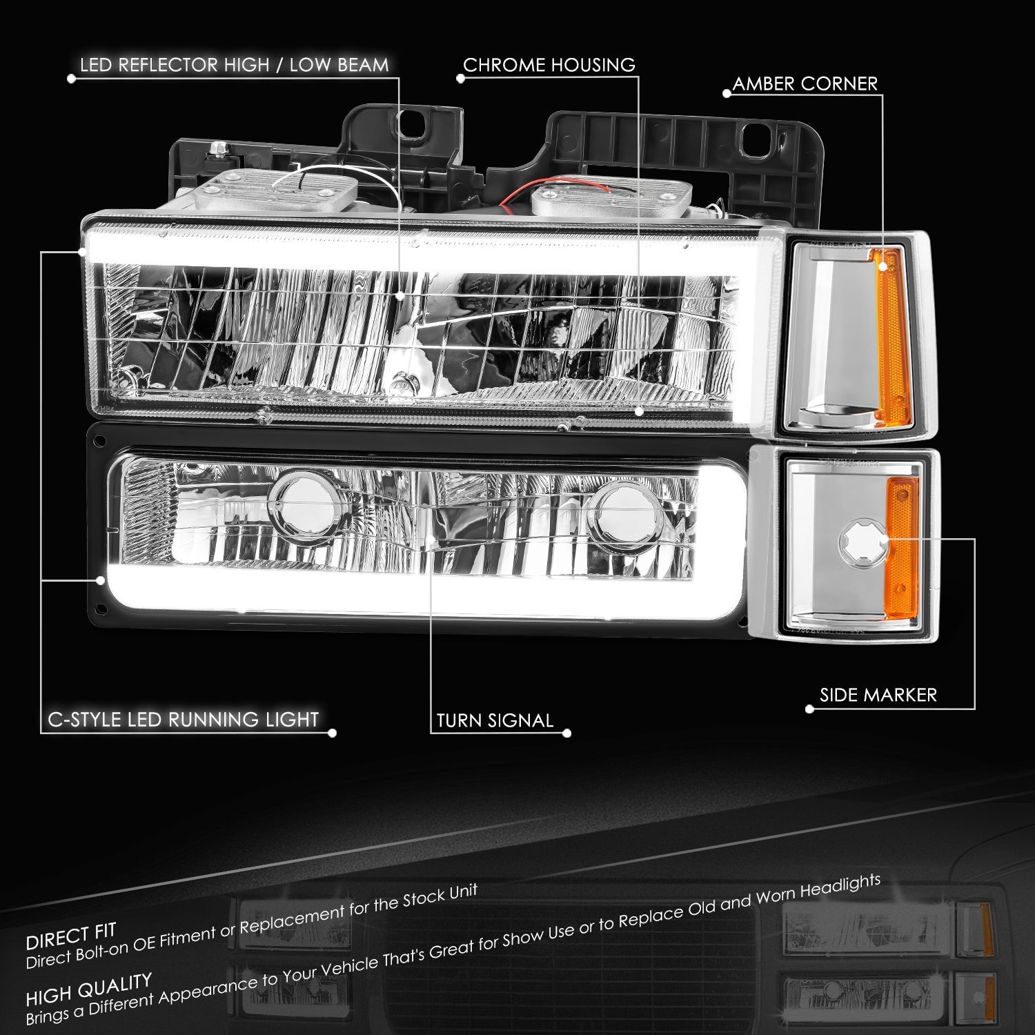 C-Full LED DRL Headlights+Turn Signal Lights <br>94-99 GMC C/K 1500 Yukon, C/K 1500-2500 Suburban