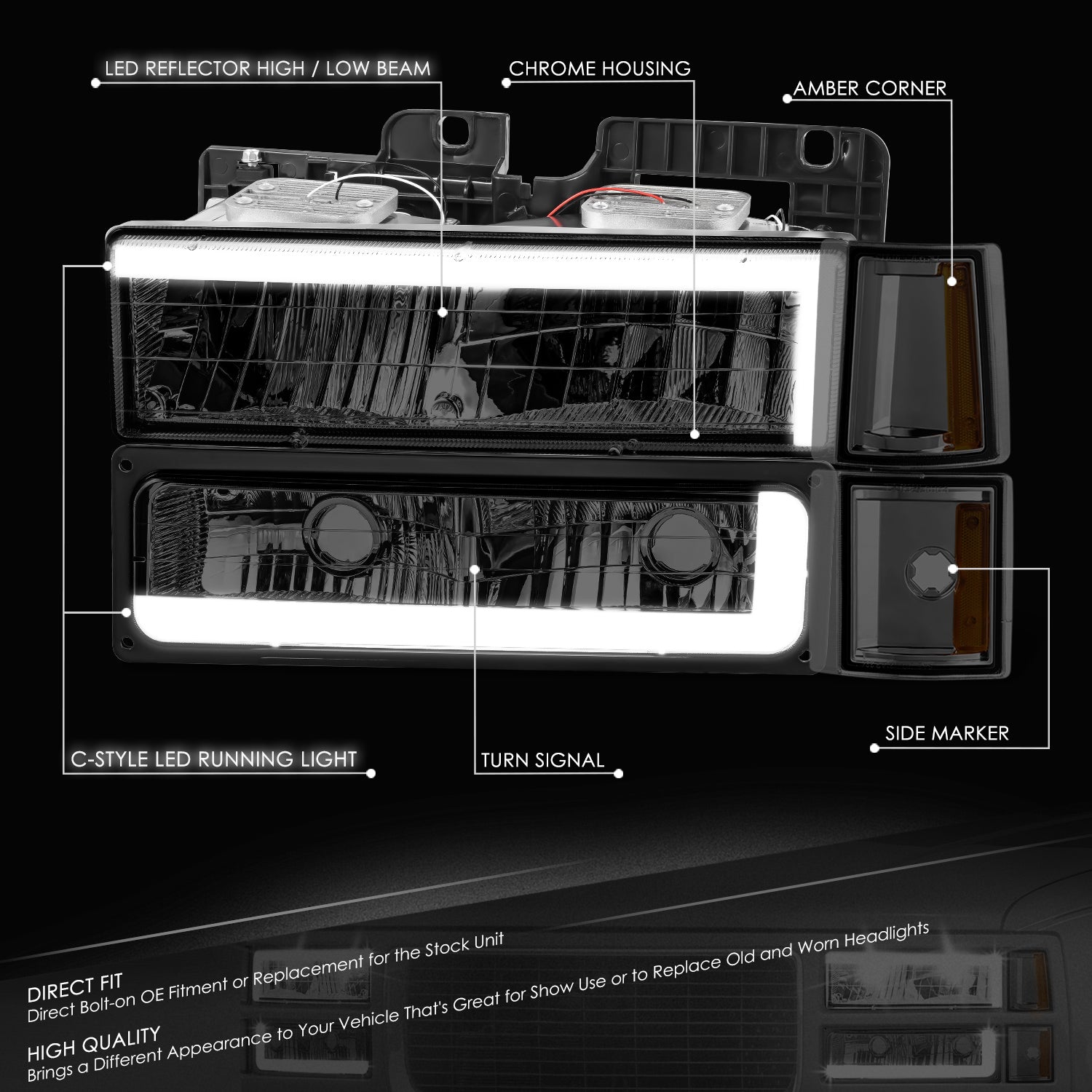 C-Full LED DRL Headlights+Turn Signal Lights <br>94-99 GMC C/K 1500 Yukon, C/K 1500-2500 Suburban