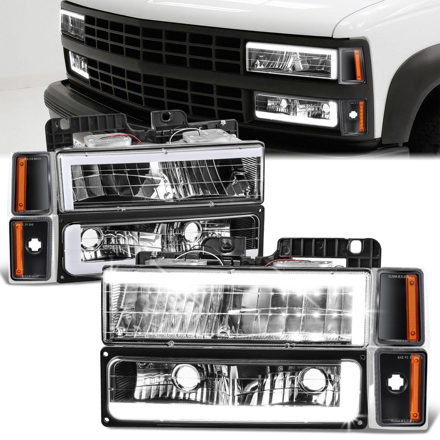 C-LED DRL Headlights+Turn Signal Lights <br>88-93 Chevy C/K 1500-3500 Suburban