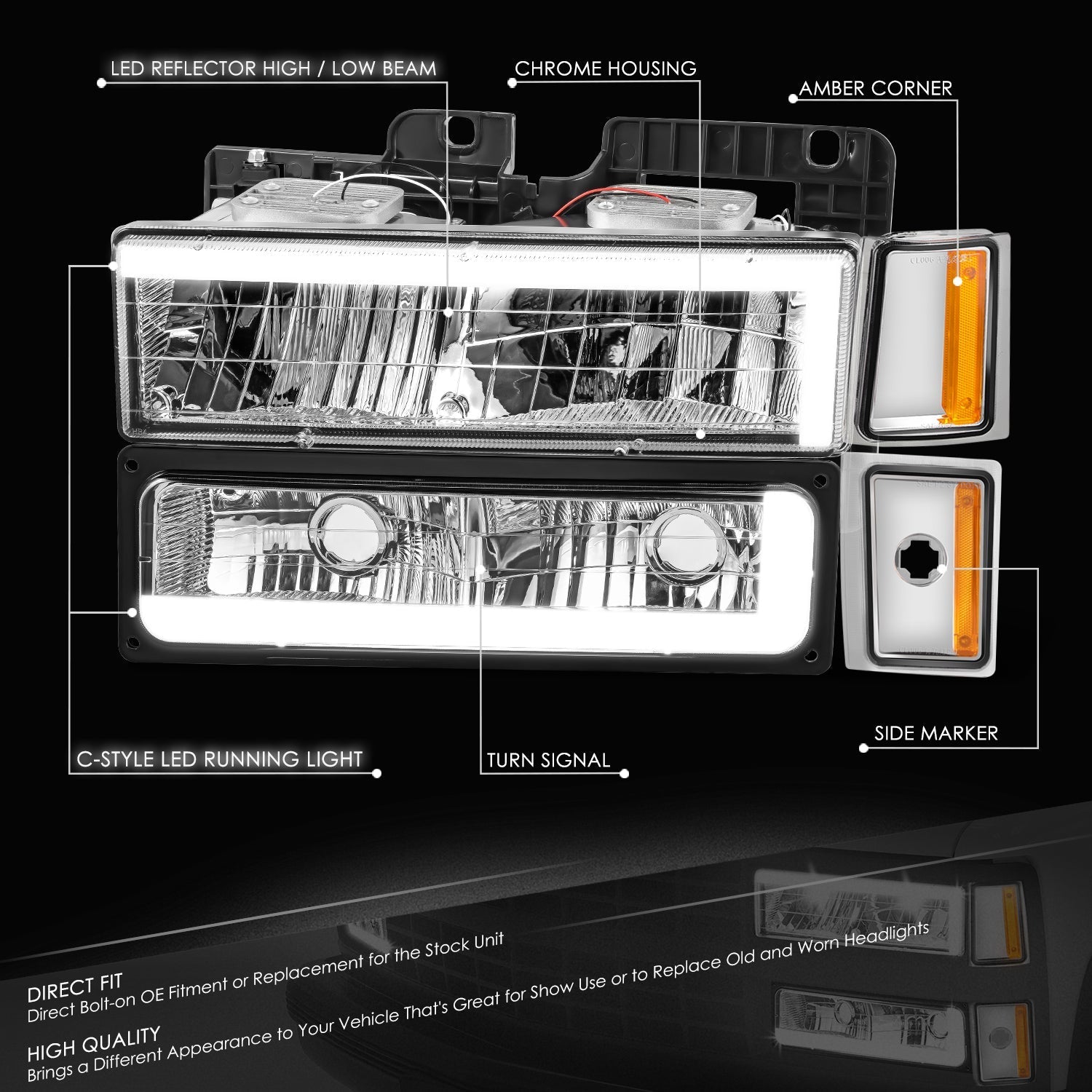 C-LED DRL Headlights+Turn Signal Lights <br>88-93 Chevy C/K 1500-3500 Suburban