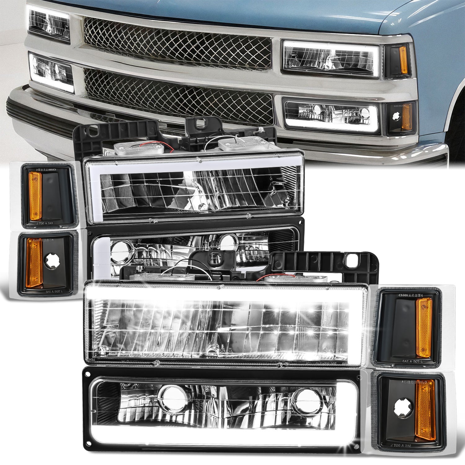 C-LED DRL Headlights+Turn Signal Lights <br>94-02 Chevy C/K 1500-3500 Suburban, Tahoe