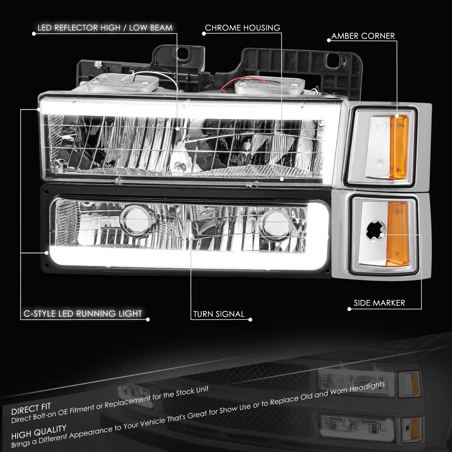 C-LED DRL Headlights+Turn Signal Lights <br>94-02 Chevy C/K 1500-3500 Suburban, Tahoe