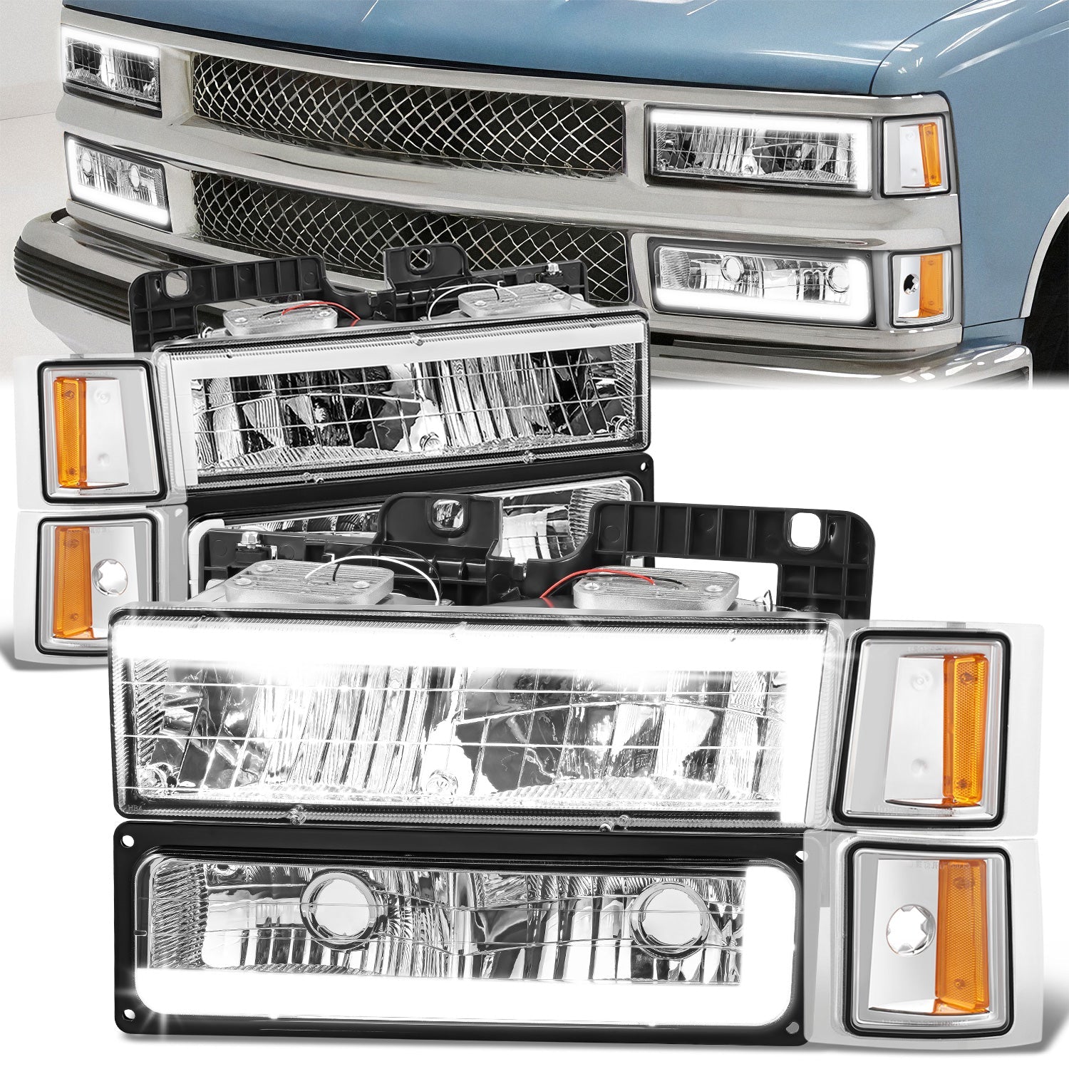 C-LED DRL Headlights+Turn Signal Lights <br>94-02 Chevy C/K 1500-3500 Suburban, Tahoe