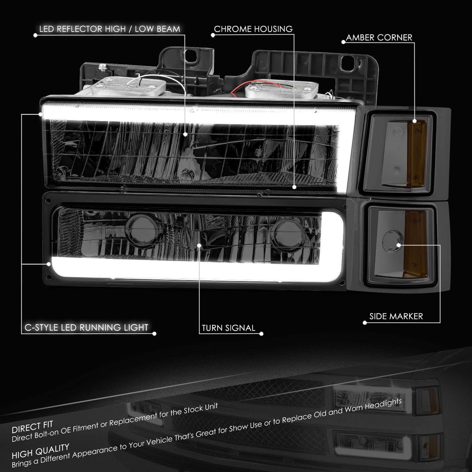 C-LED DRL Headlights+Turn Signal Lights <br>94-02 Chevy C/K 1500-3500 Suburban, Tahoe