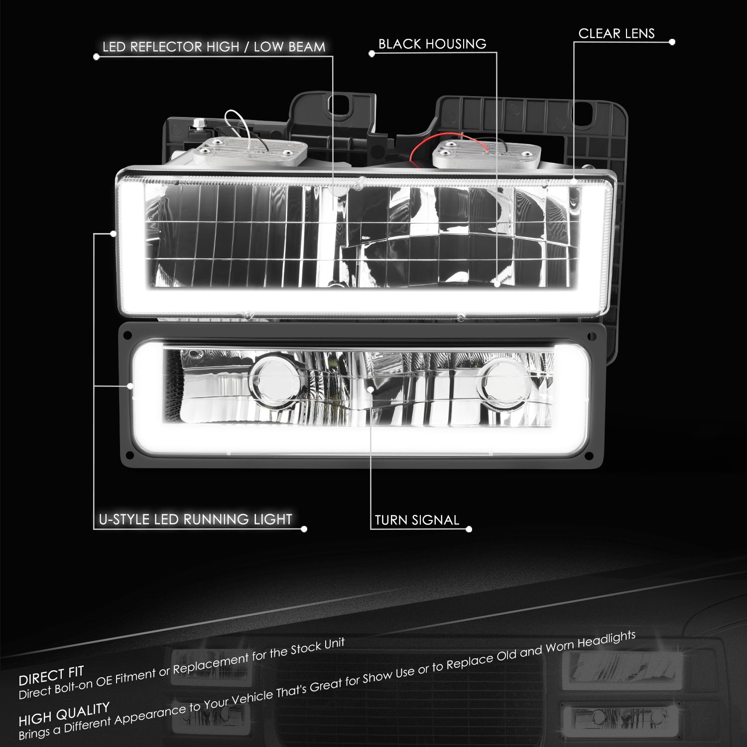 U-LED DRL Headlights+Turn Signal Lights <br>88-02 Chevy GMC C/K 1500-3500 Suburban,Yukon