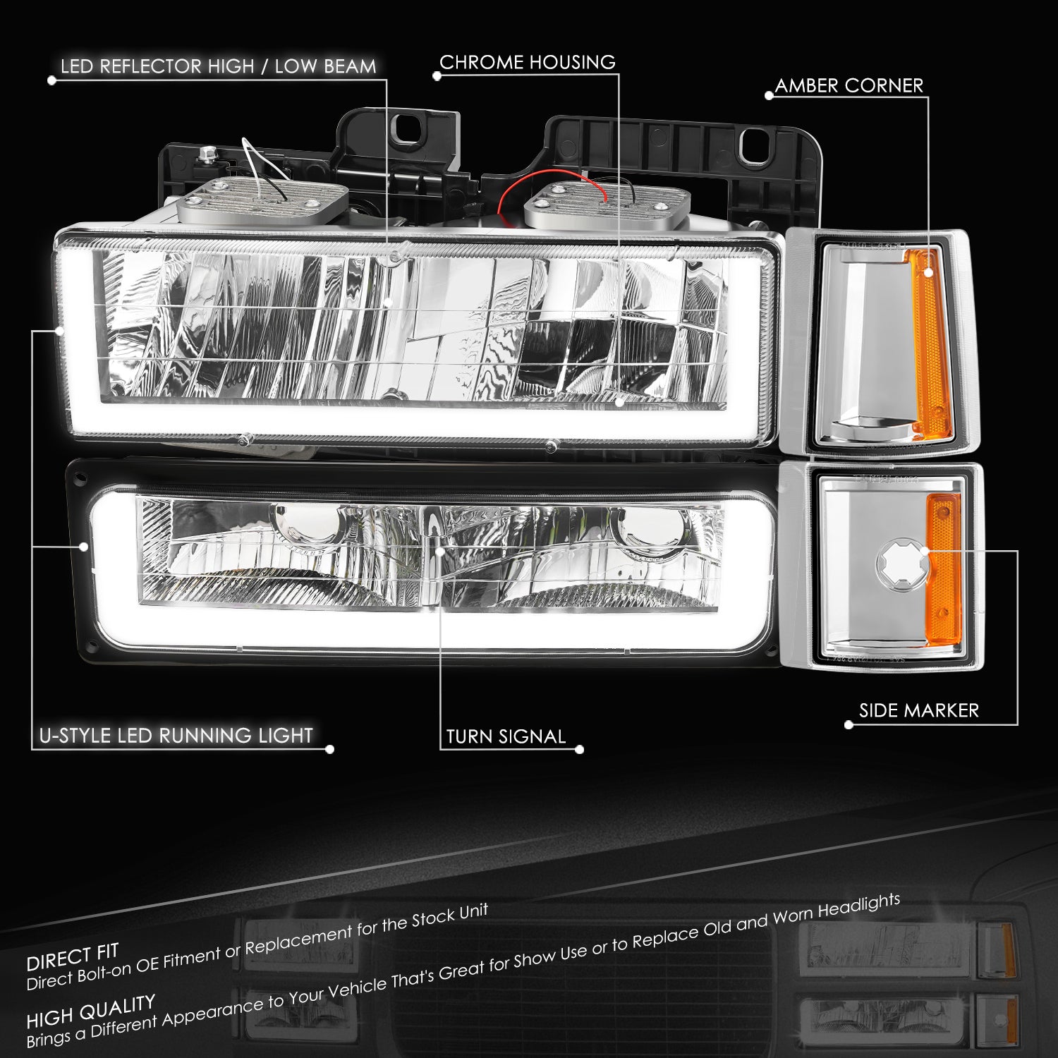 U-LED DRL Headlights+Turn Signal Lights <br>94-99 GMC C/K 1500 Yukon, C/K 1500-2500 Suburban