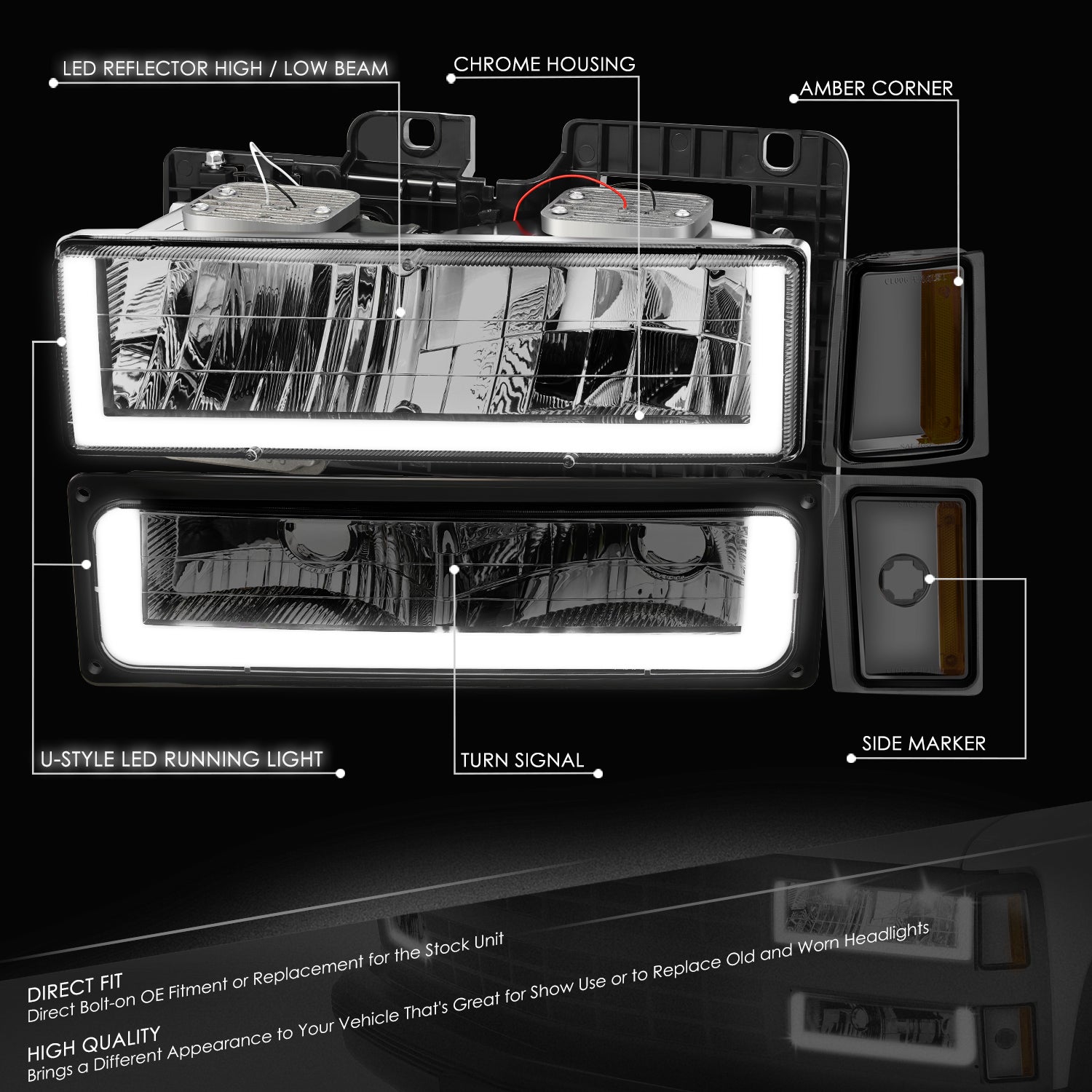 U-LED DRL Headlights+Turn Signal Lights <br>88-93 Chevy C/K 1500-3500 Suburban