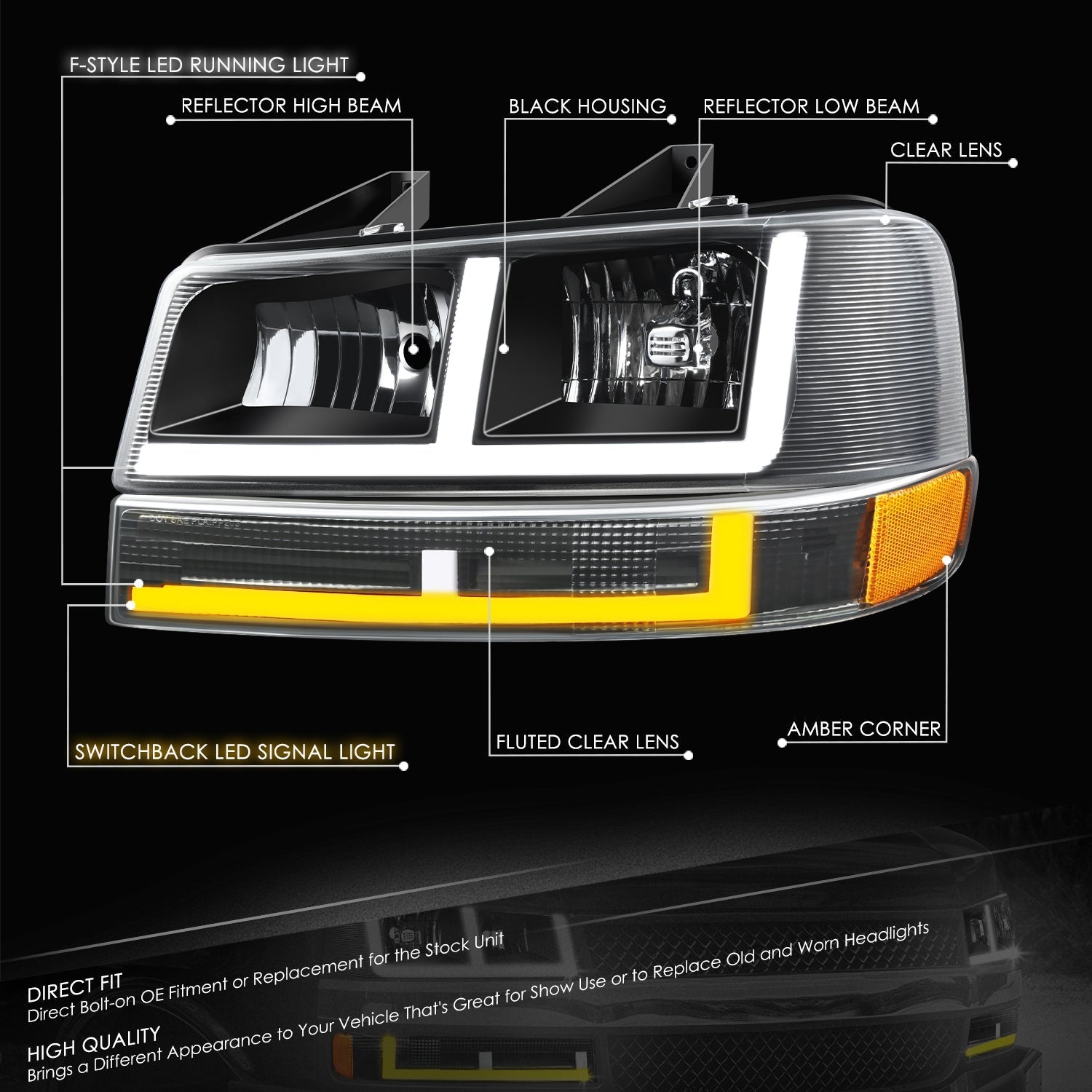 F-Style Bar Switchback LED Headlights <br>03-23 Checy Express, GMC Savana, 1500-4500