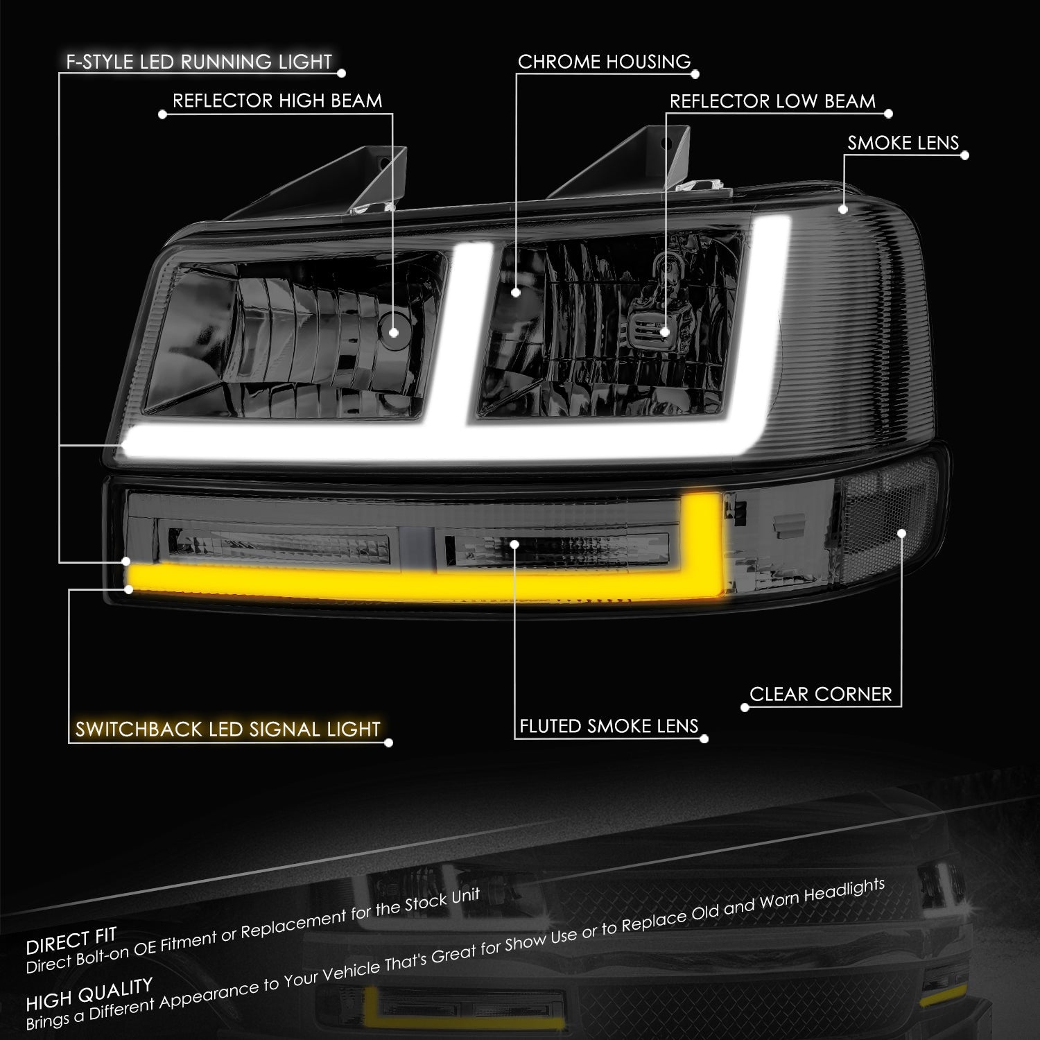 F-Style Bar Switchback LED Headlights <br>03-23 Checy Express, GMC Savana, 1500-4500