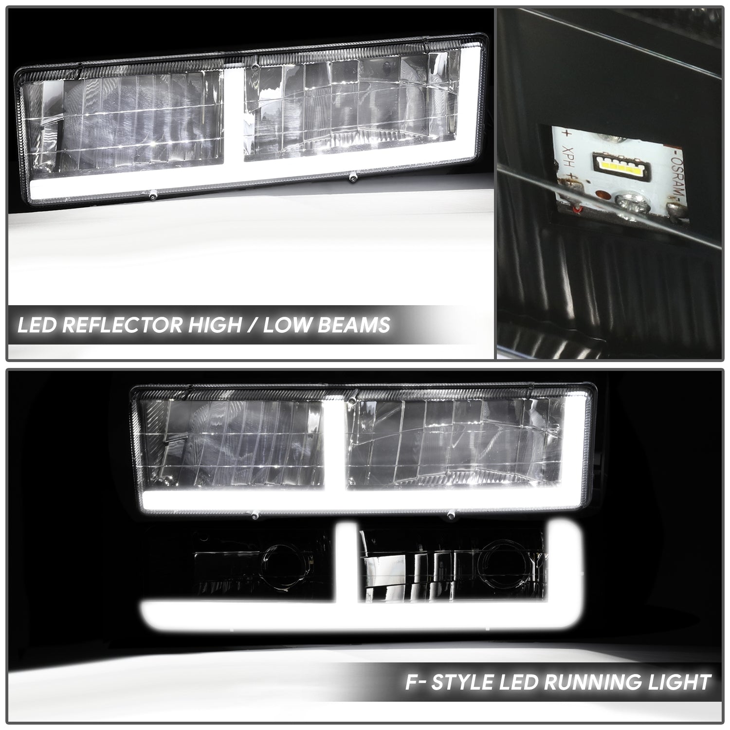 4pcs F-Style LED DRL Headlight Set (Black) <br>88-02 Chevy GMC C10 C/K Pickup, Suburban