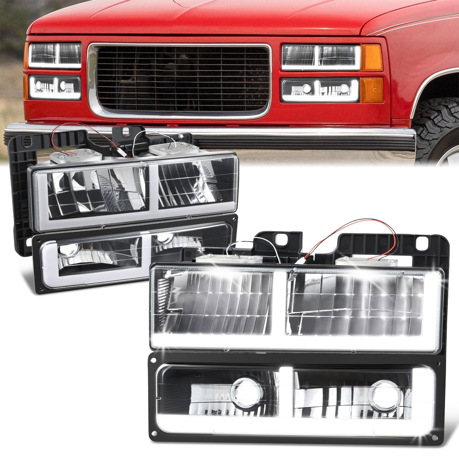 4pcs F-Style LED DRL Headlight Set (Black) <br>88-02 Chevy GMC C10 C/K Pickup, Suburban