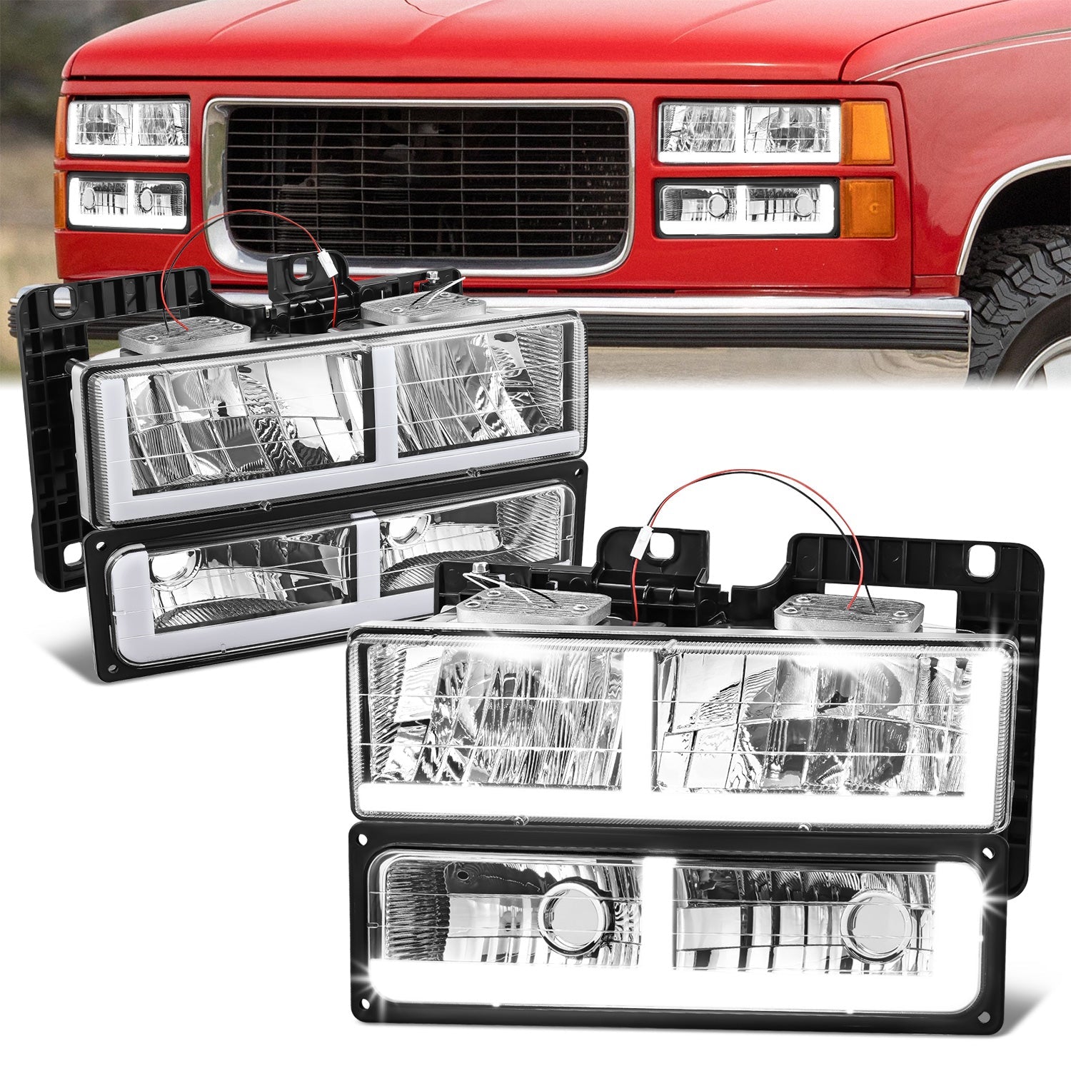 4pcs F-Style LED DRL Headlight Set (Chrome) <br>88-02 Chevy GMC C10 C/K Pickup, Suburban