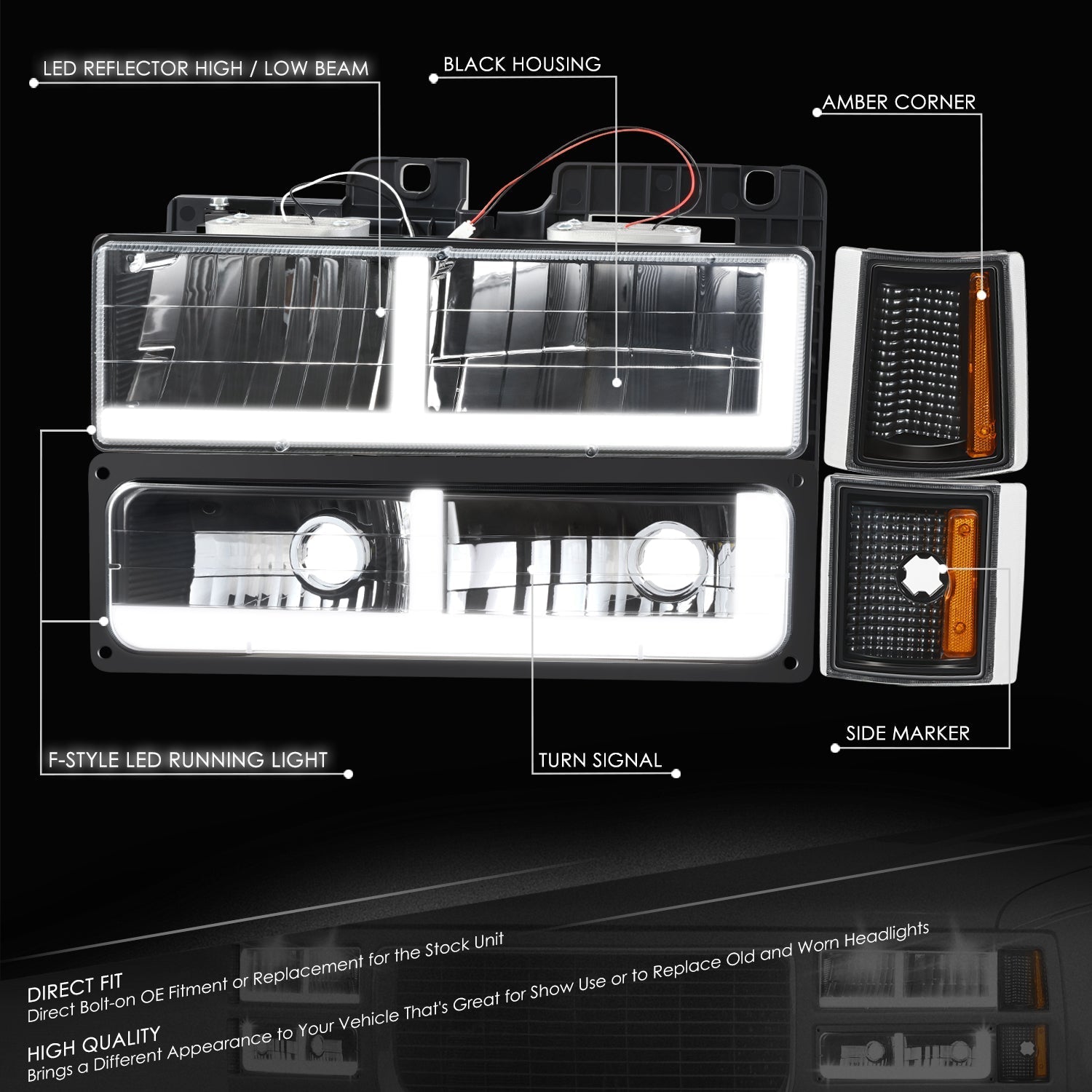 8pcs F-Style LED DRL Headlight Set (Black) <br>94-00 GMC C10 C/K Pickup, Suburban, Yukon