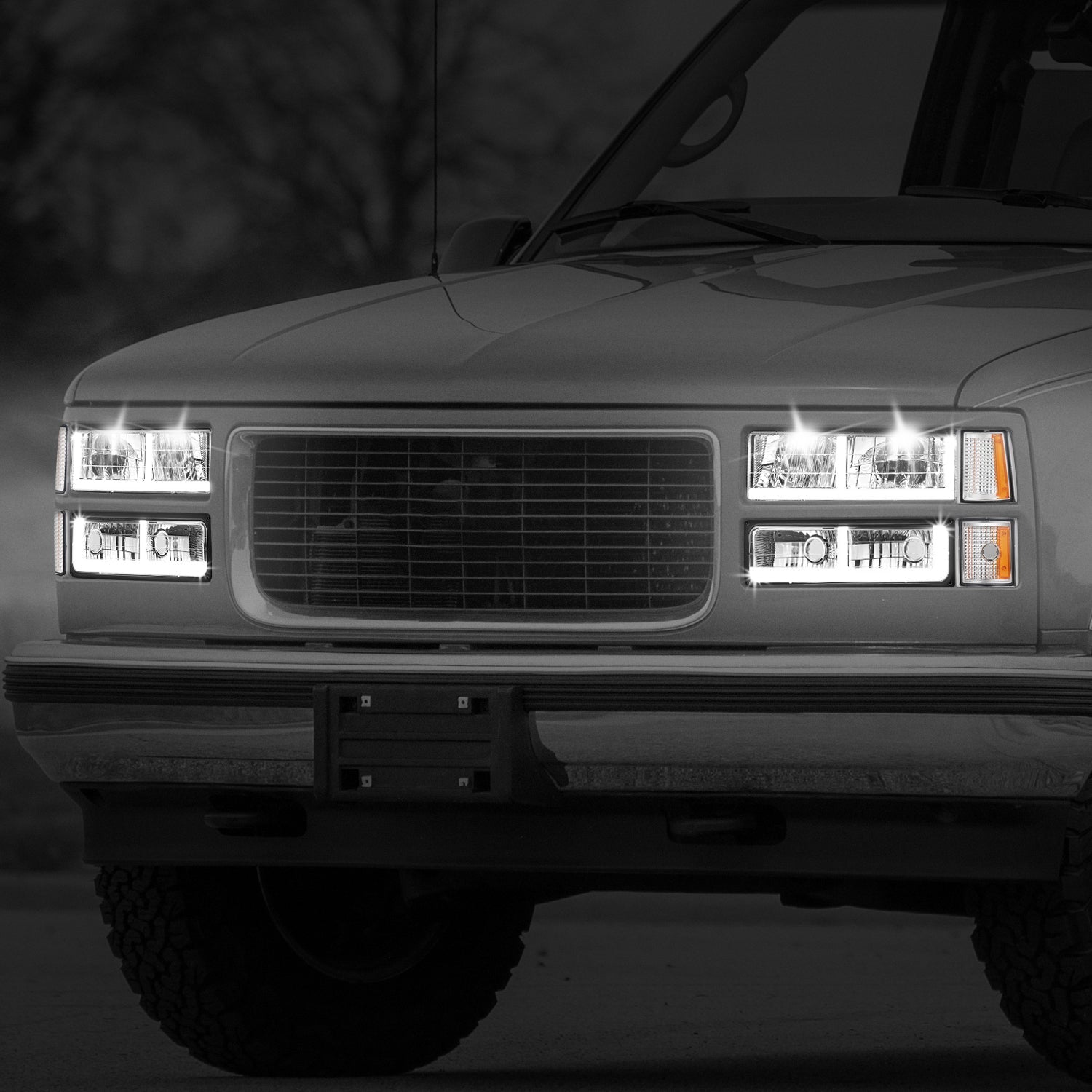 8pcs F-Style LED DRL Headlight Set (Smoked) <br>94-00 GMC C10 C/K Pickup, Suburban, Yukon