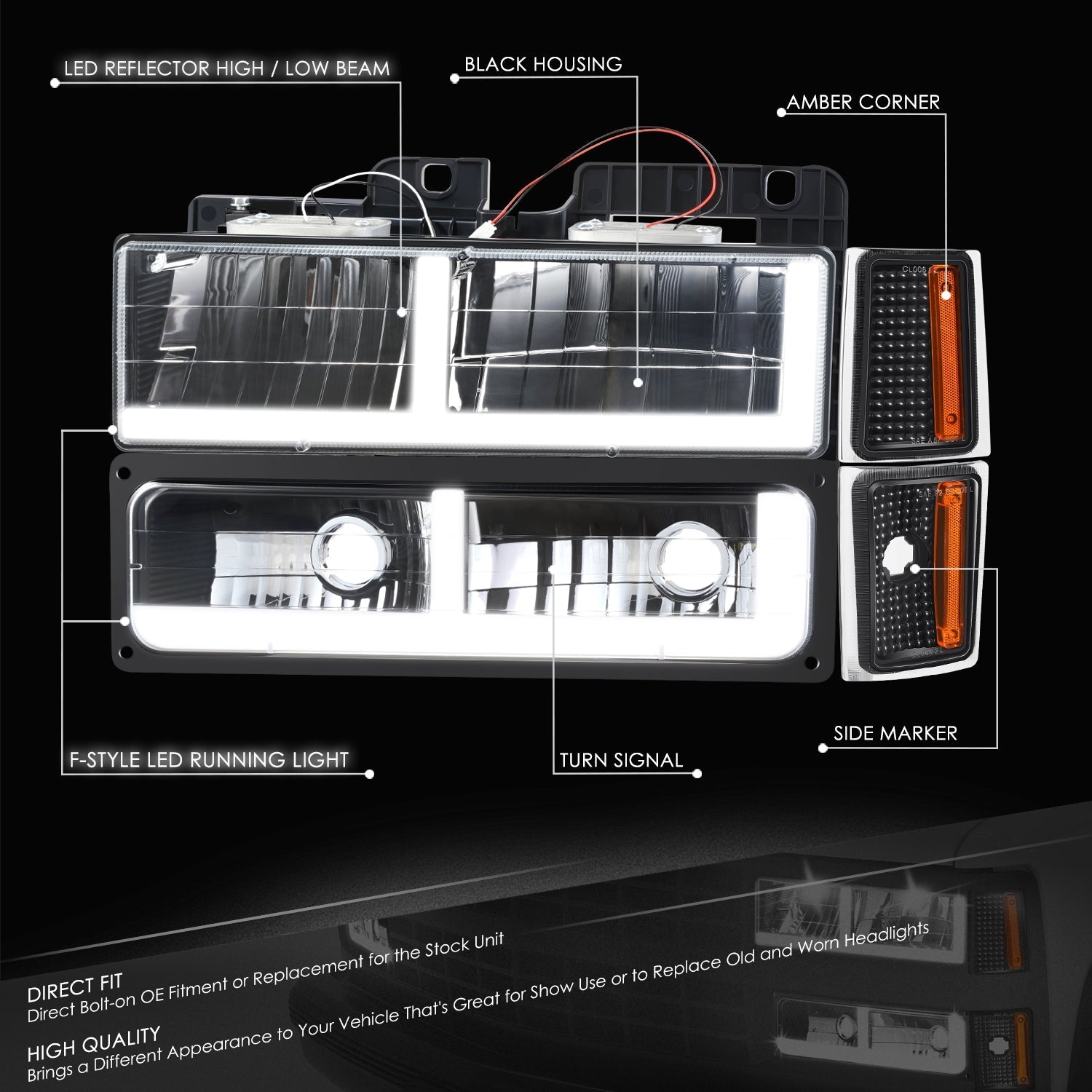 8pcs F-Style LED DRL Headlight Set (Black) <br>88-93 Chevy C10 C/K Pickup, Suburban, Tahoe
