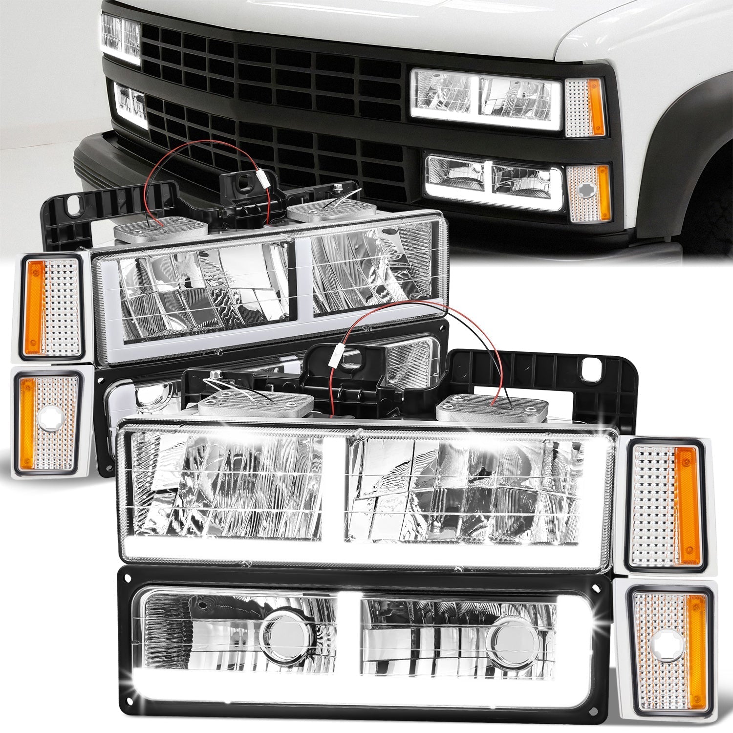 8pcs F-Style LED DRL Headlight Set (Chrome) <br>88-93 Chevy C10 C/K Pickup, Suburban, Tahoe
