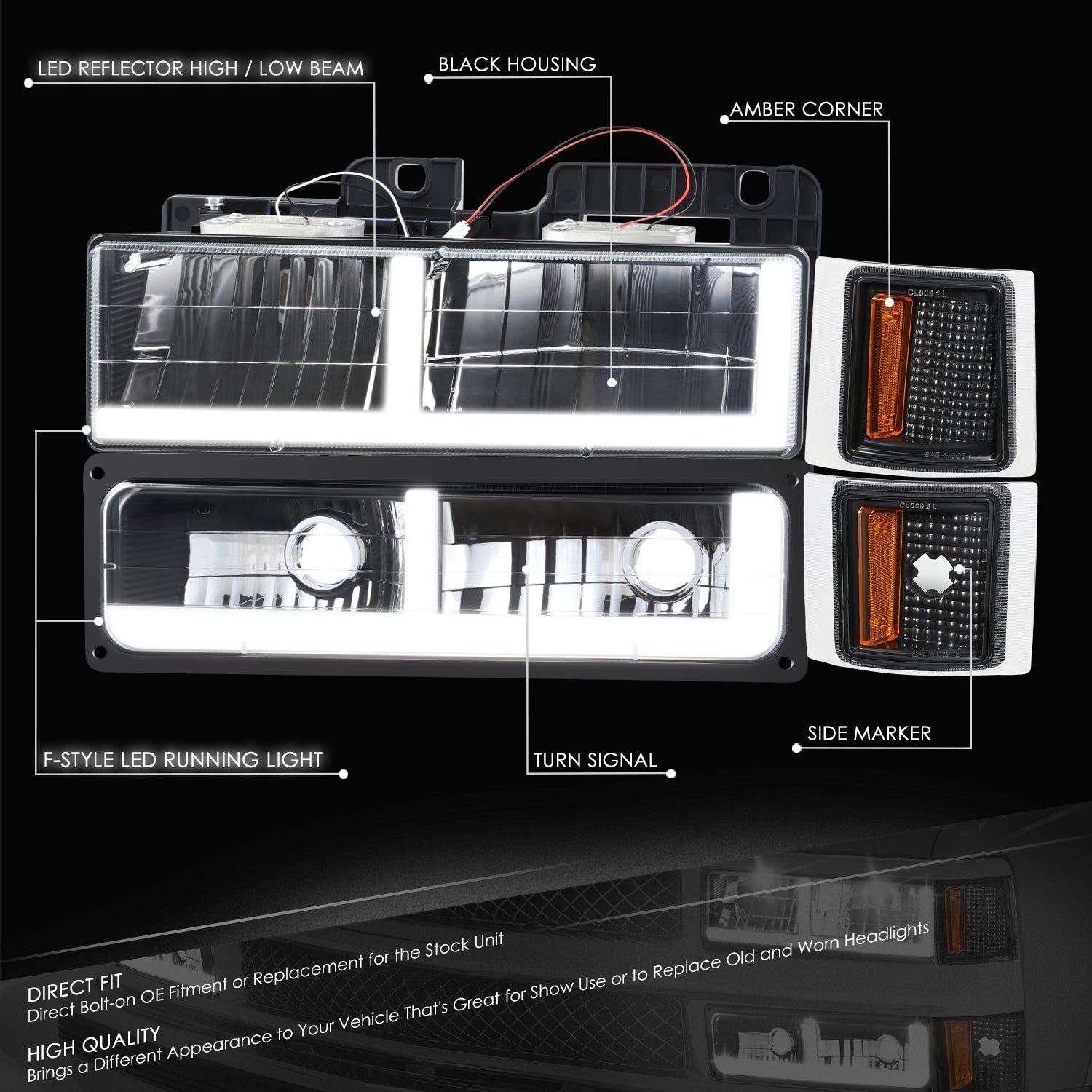 8pcs F-Style LED DRL Headlight Set (Black) <br>94-02 Chevy C10 C/K Pickup, Suburban, Tahoe