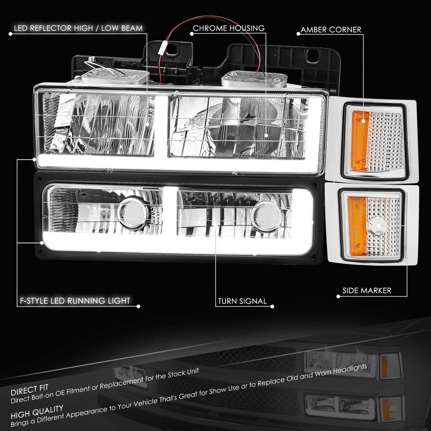 8pcs F-Style LED DRL Headlight Set (Chrome) <br>94-02 Chevy C10 C/K Pickup, Suburban, Tahoe