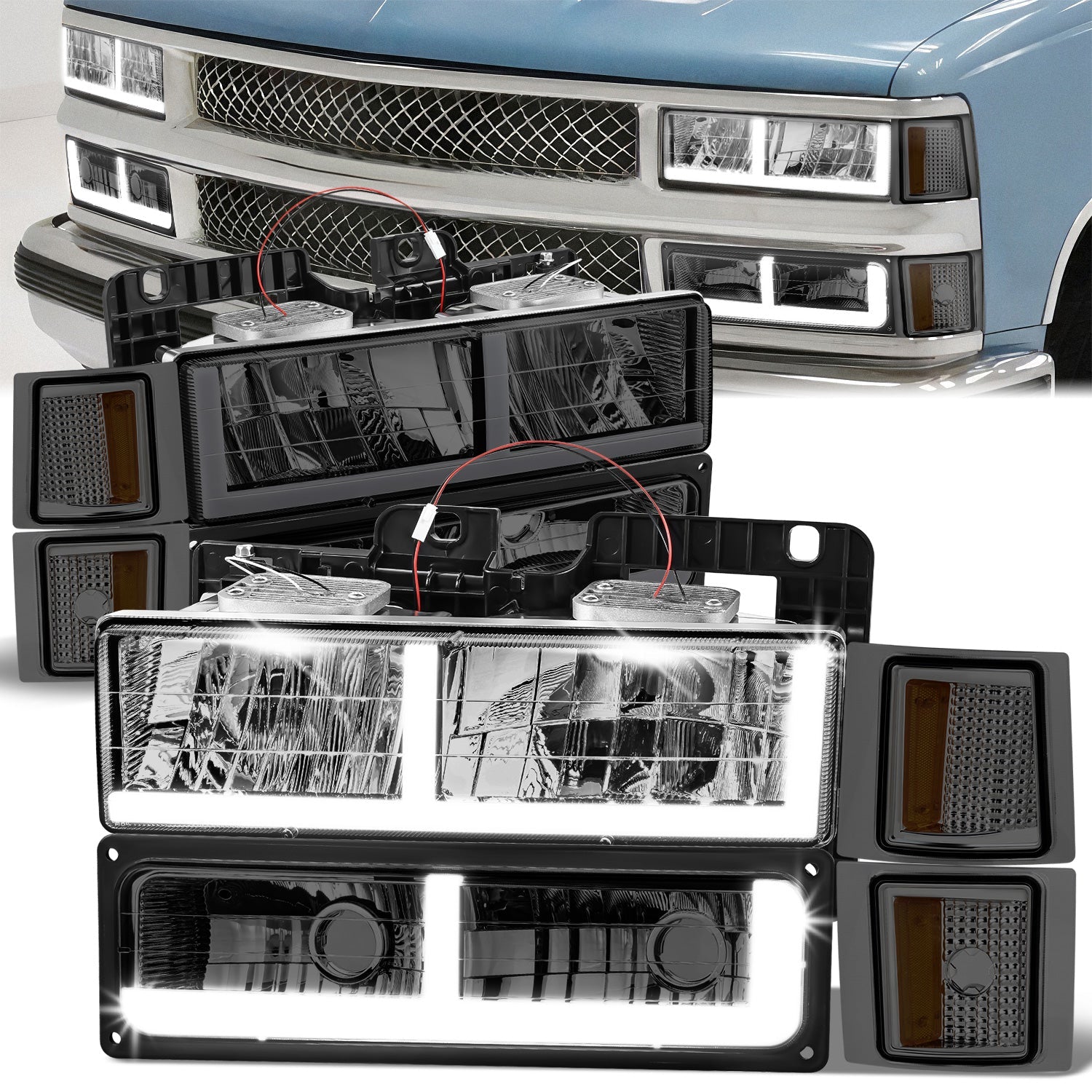 8pcs F-Style LED DRL Headlight Set (Smoked) <br>94-02 Chevy C10 C/K Pickup, Suburban, Tahoe