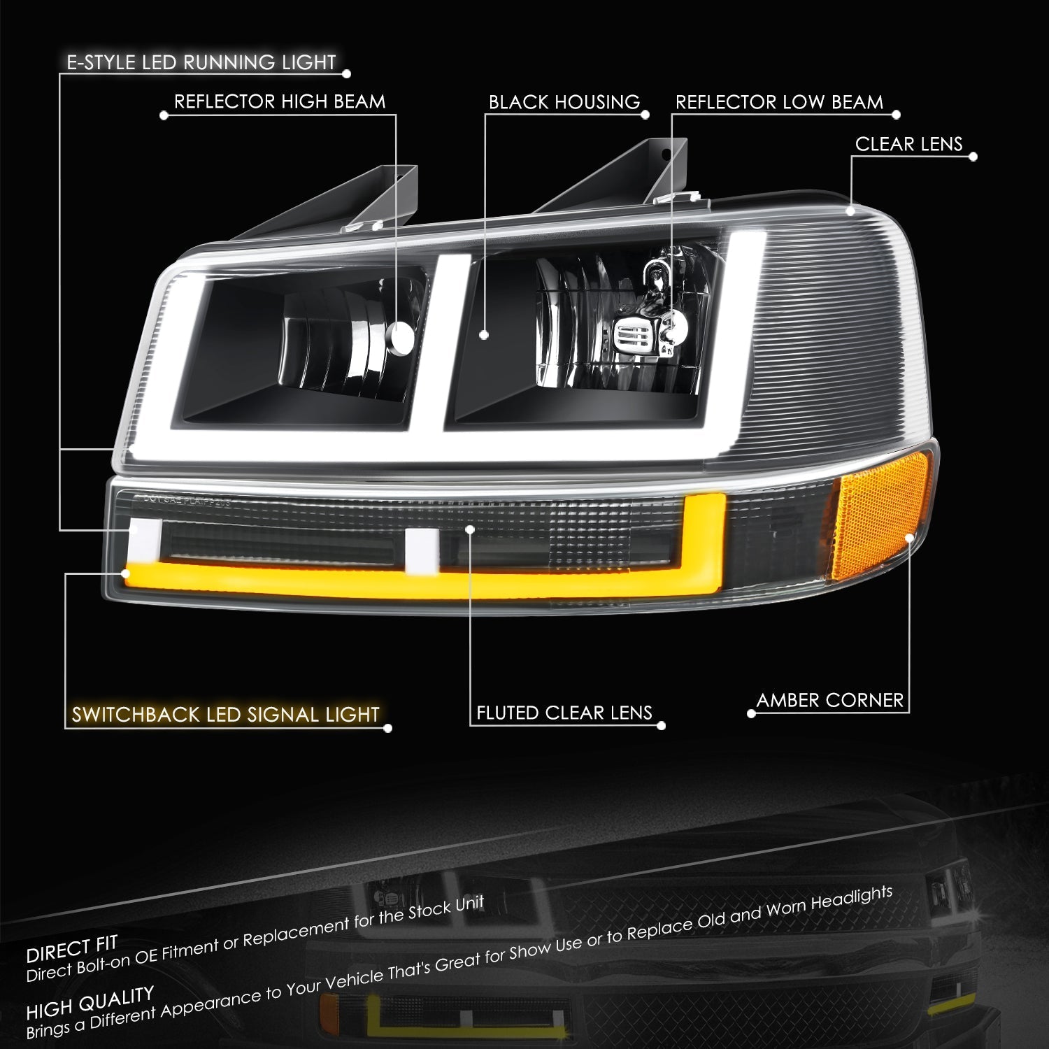 E-Style Bar Switchback LED Headlights <br>03-23 Checy Express, GMC Savana, 1500-4500