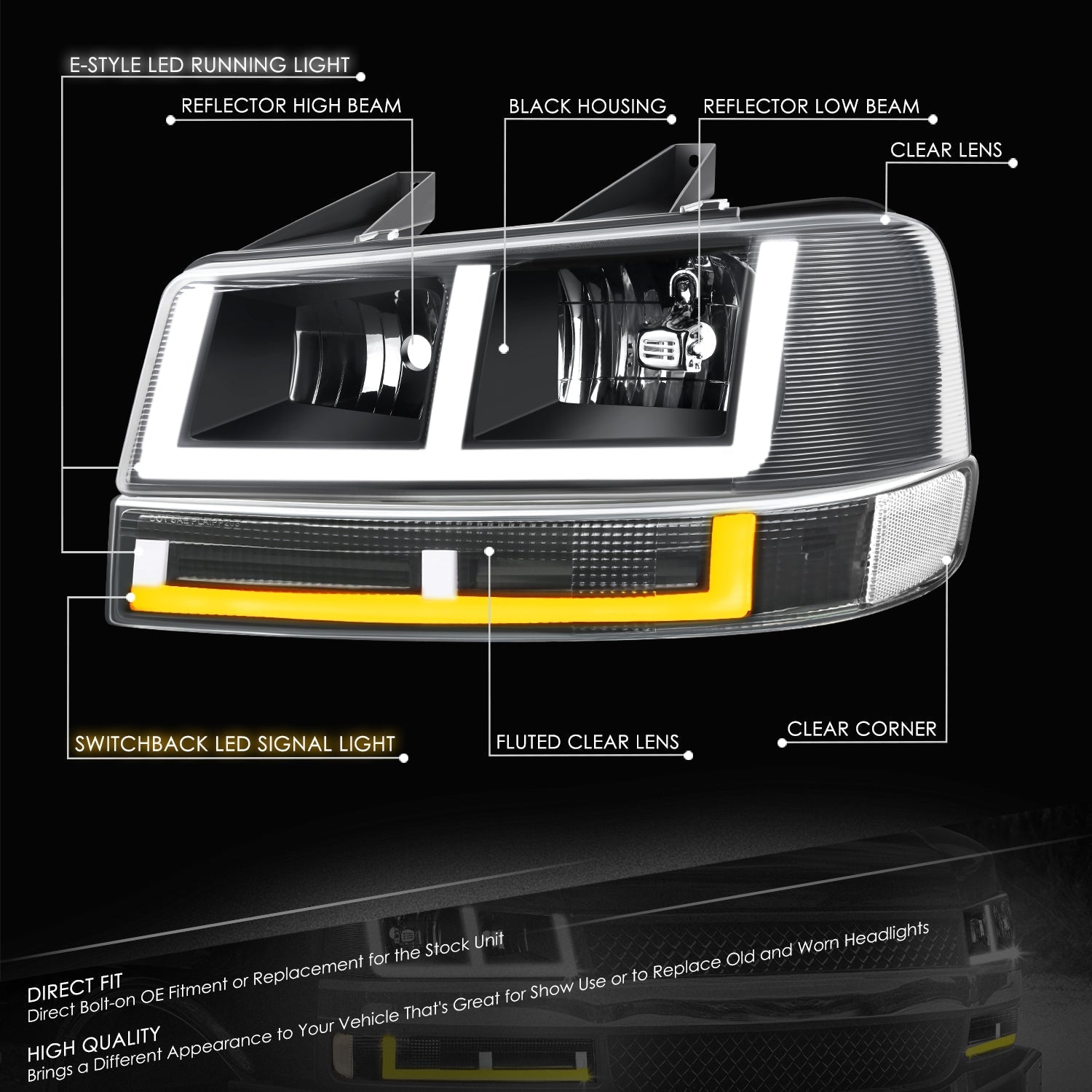 E-Style Bar Switchback LED Headlights <br>03-23 Checy Express, GMC Savana, 1500-4500