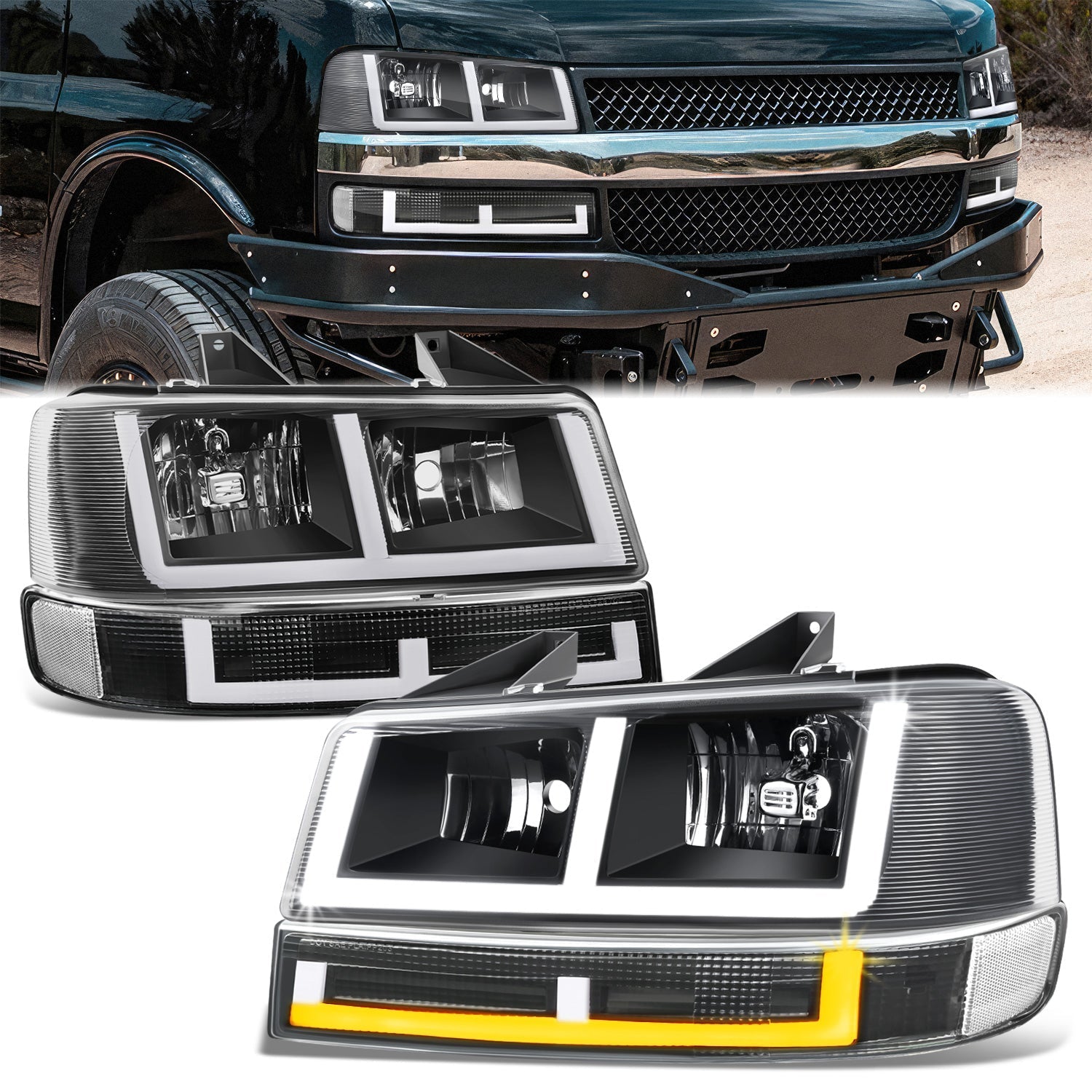 E-Style Bar Switchback LED Headlights <br>03-23 Checy Express, GMC Savana, 1500-4500