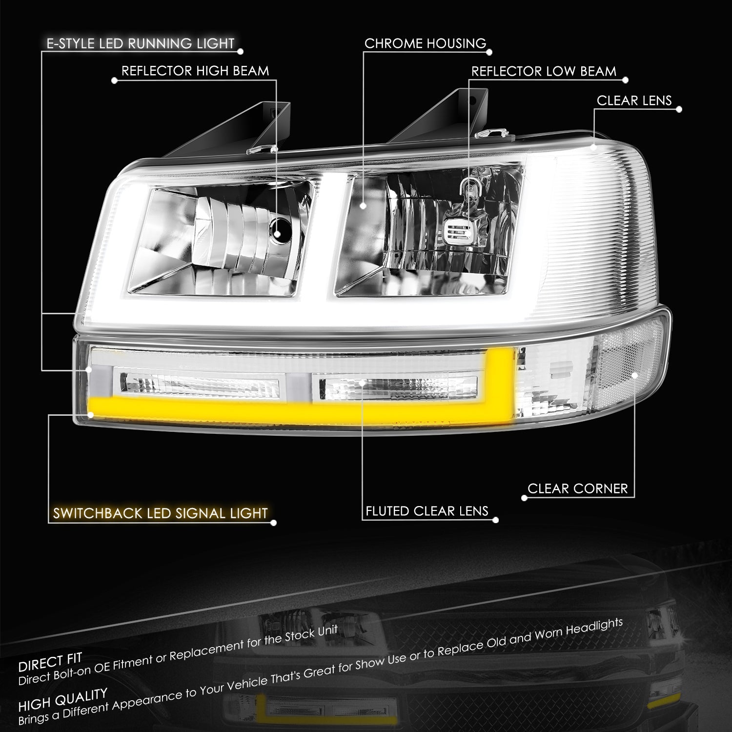 E-Style Bar Switchback LED Headlights <br>03-23 Checy Express, GMC Savana, 1500-4500