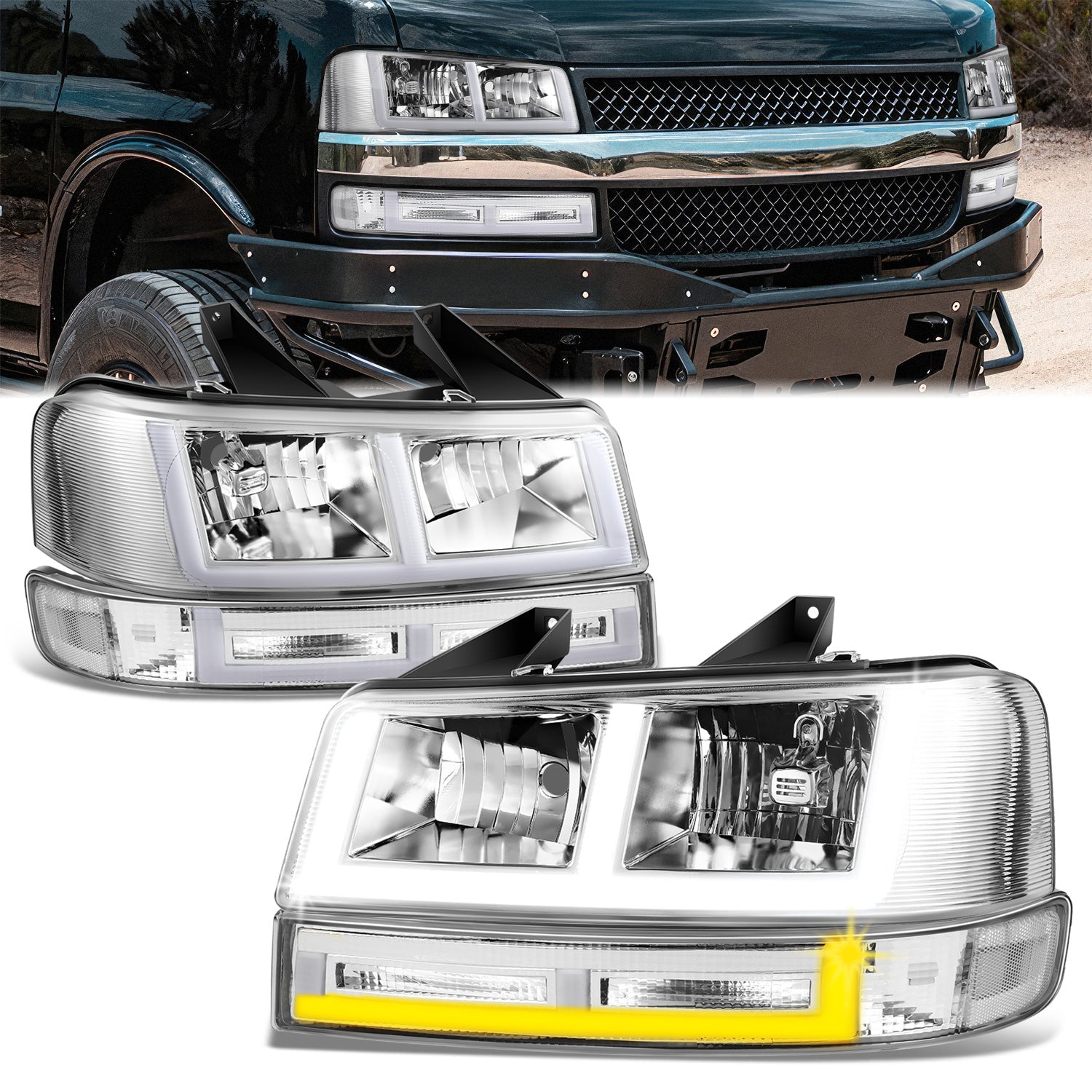 E-Style Bar Switchback LED Headlights <br>03-23 Checy Express, GMC Savana, 1500-4500