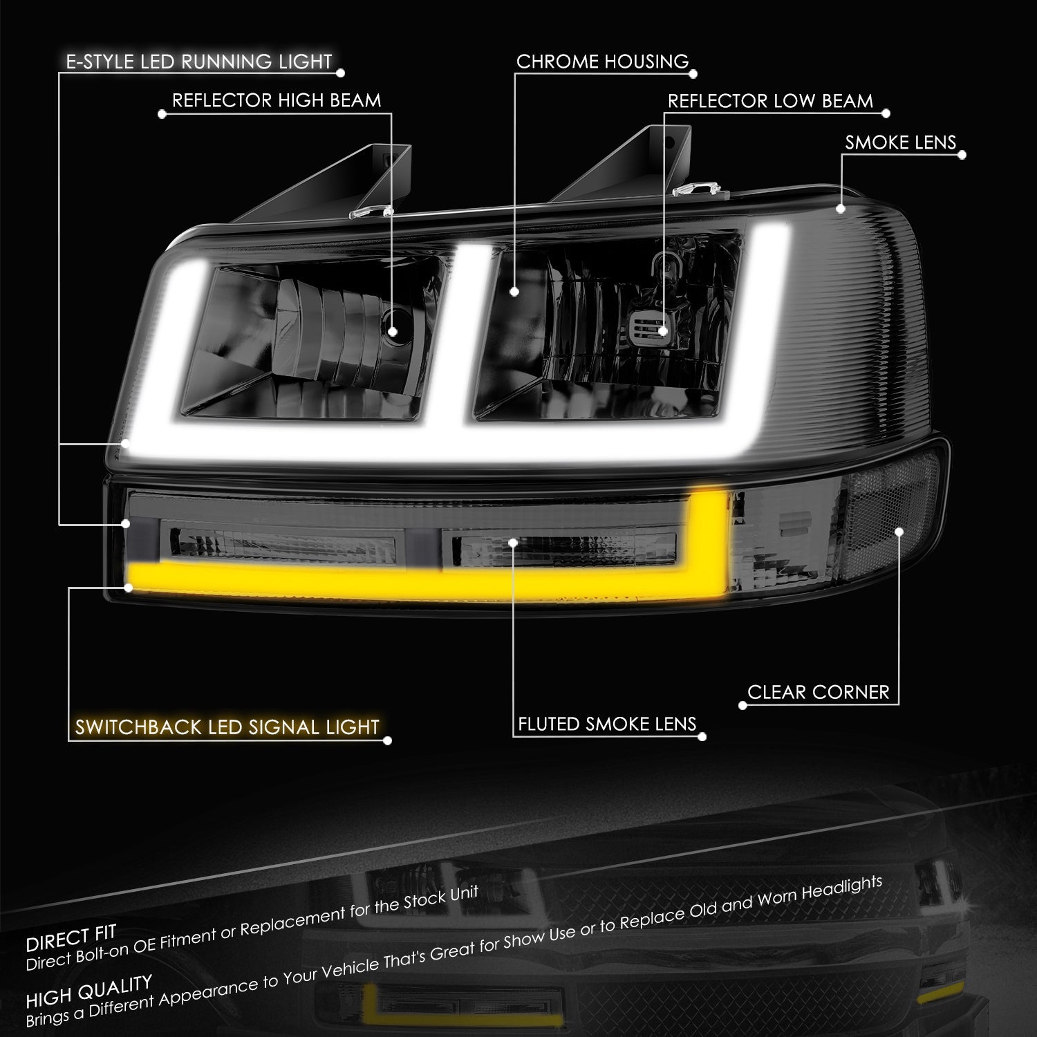 E-Style Bar Switchback LED Headlights <br>03-23 Checy Express, GMC Savana, 1500-4500