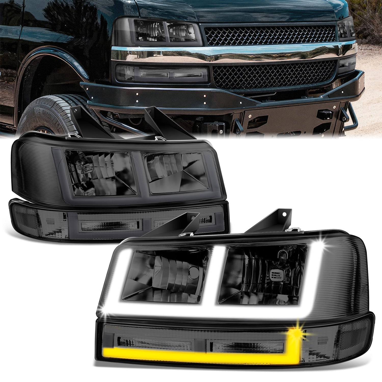 E-Style Bar Switchback LED Headlights <br>03-23 Checy Express, GMC Savana, 1500-4500