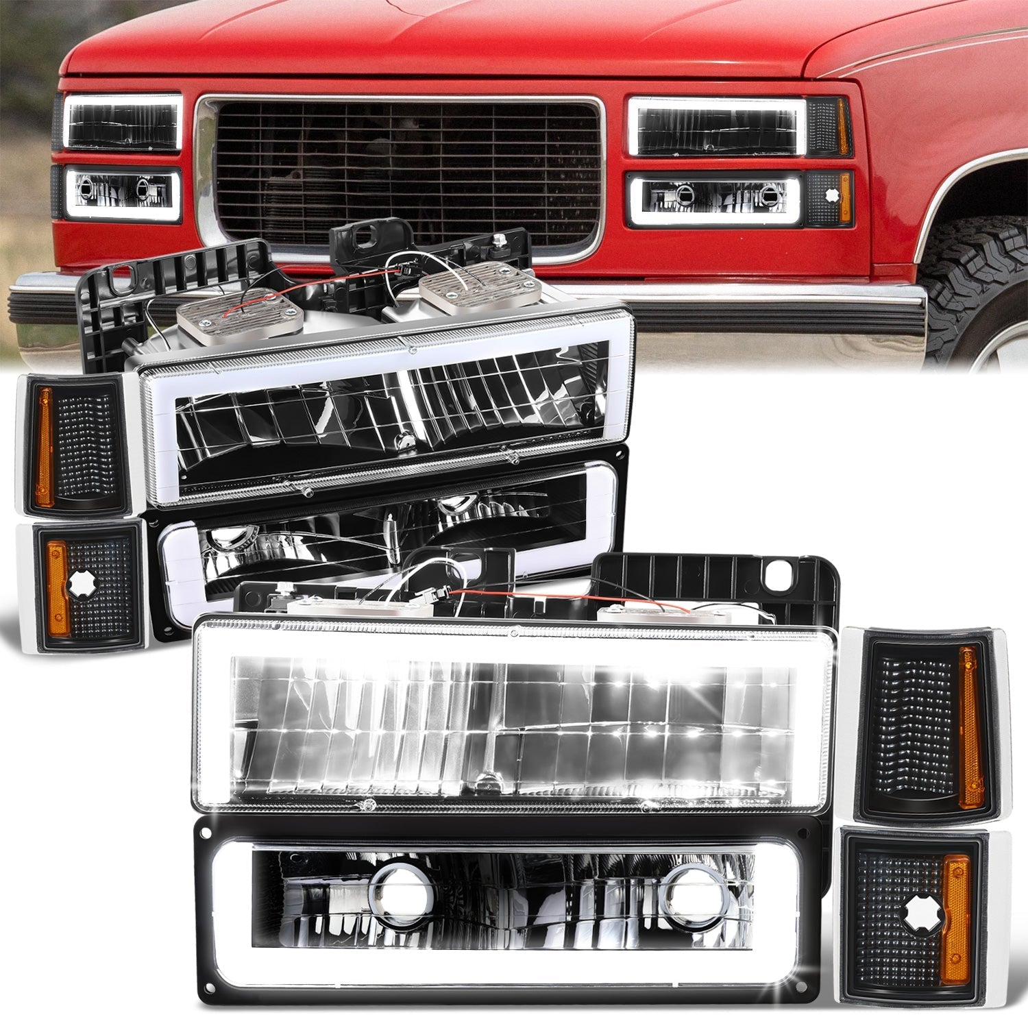 8pcs Square Box LED DRL Headlight Set (Black) <br>94-00 GMC C10 C/K Pickup, Suburban, Yukon