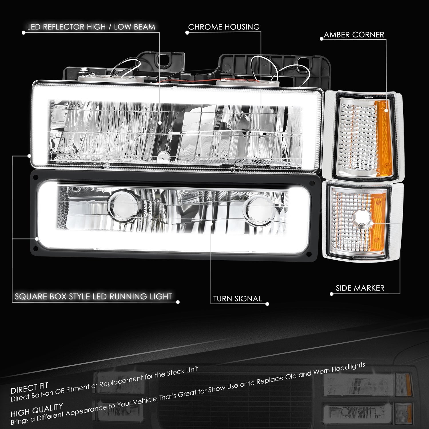 8pcs Square Box LED DRL Headlight Set (Chrome) <br>94-00 GMC C10 C/K Pickup, Suburban, Yukon