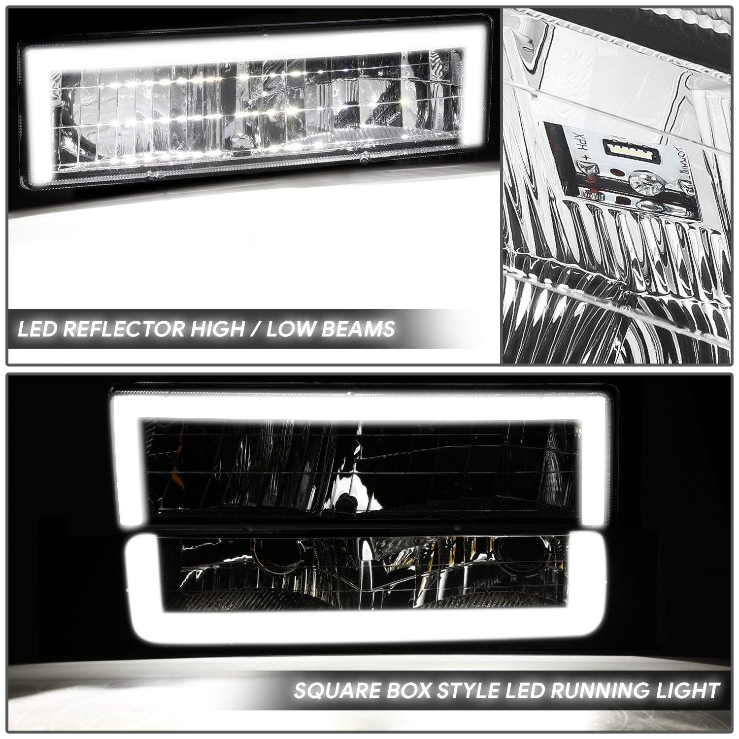 8pcs Square Box LED DRL Headlight Set (Chrome) <br>94-00 GMC C10 C/K Pickup, Suburban, Yukon