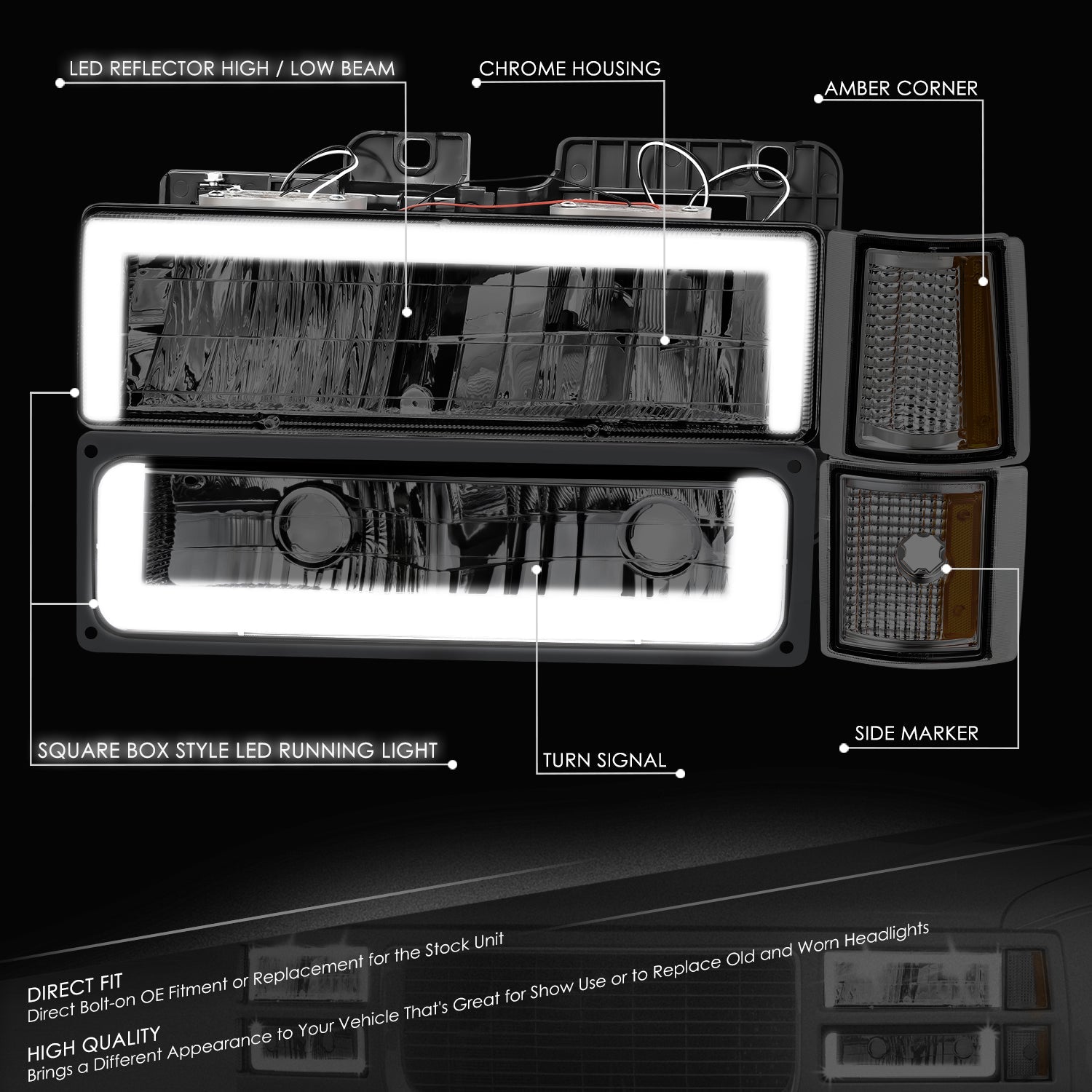 8pcs Square Box LED DRL Headlight Set (Smoked) <br>94-00 GMC C10 C/K Pickup, Suburban, Yukon