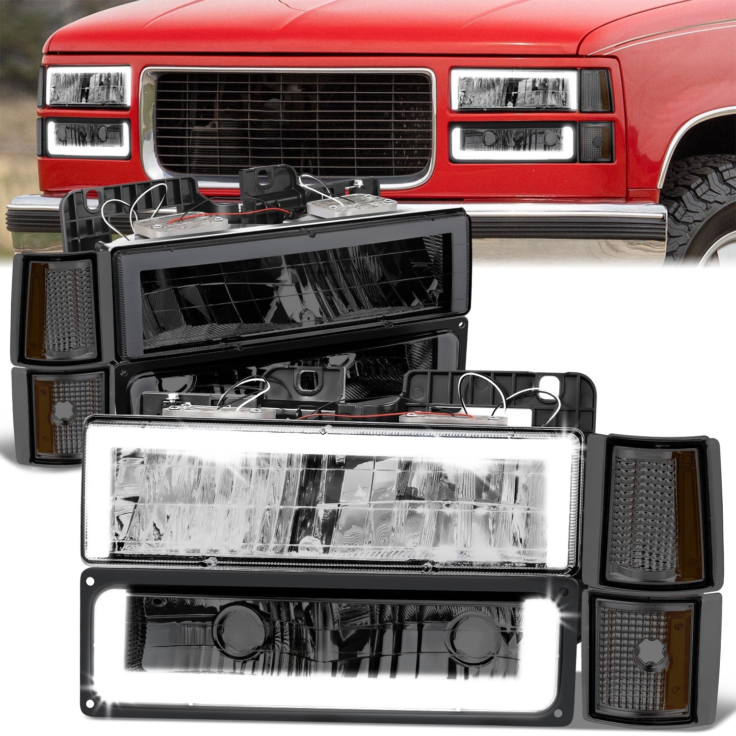 8pcs Square Box LED DRL Headlight Set (Smoked) <br>94-00 GMC C10 C/K Pickup, Suburban, Yukon