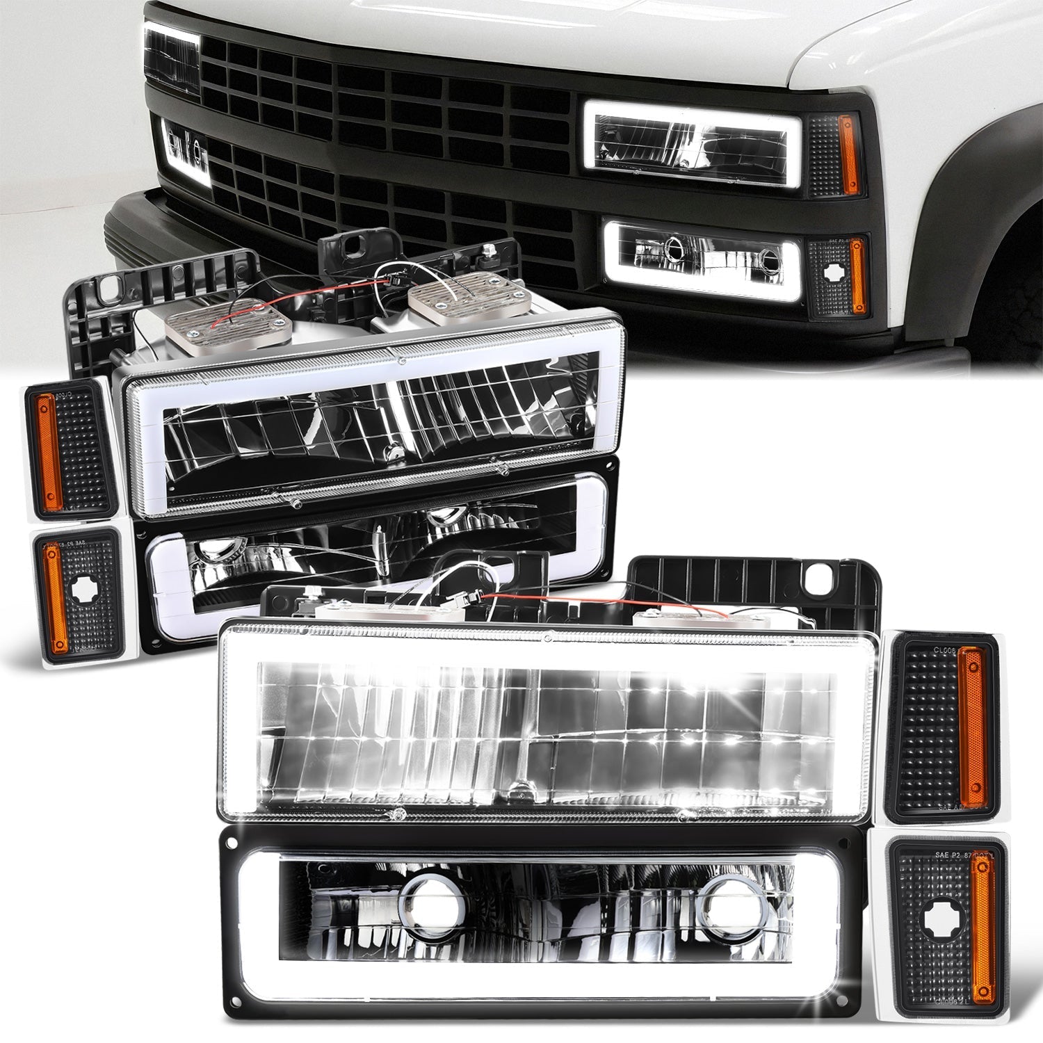 8pcs Square Box LED DRL Headlight Set (Black) <br>88-93 Chevy C10 C/K Pickup, Suburban, Tahoe