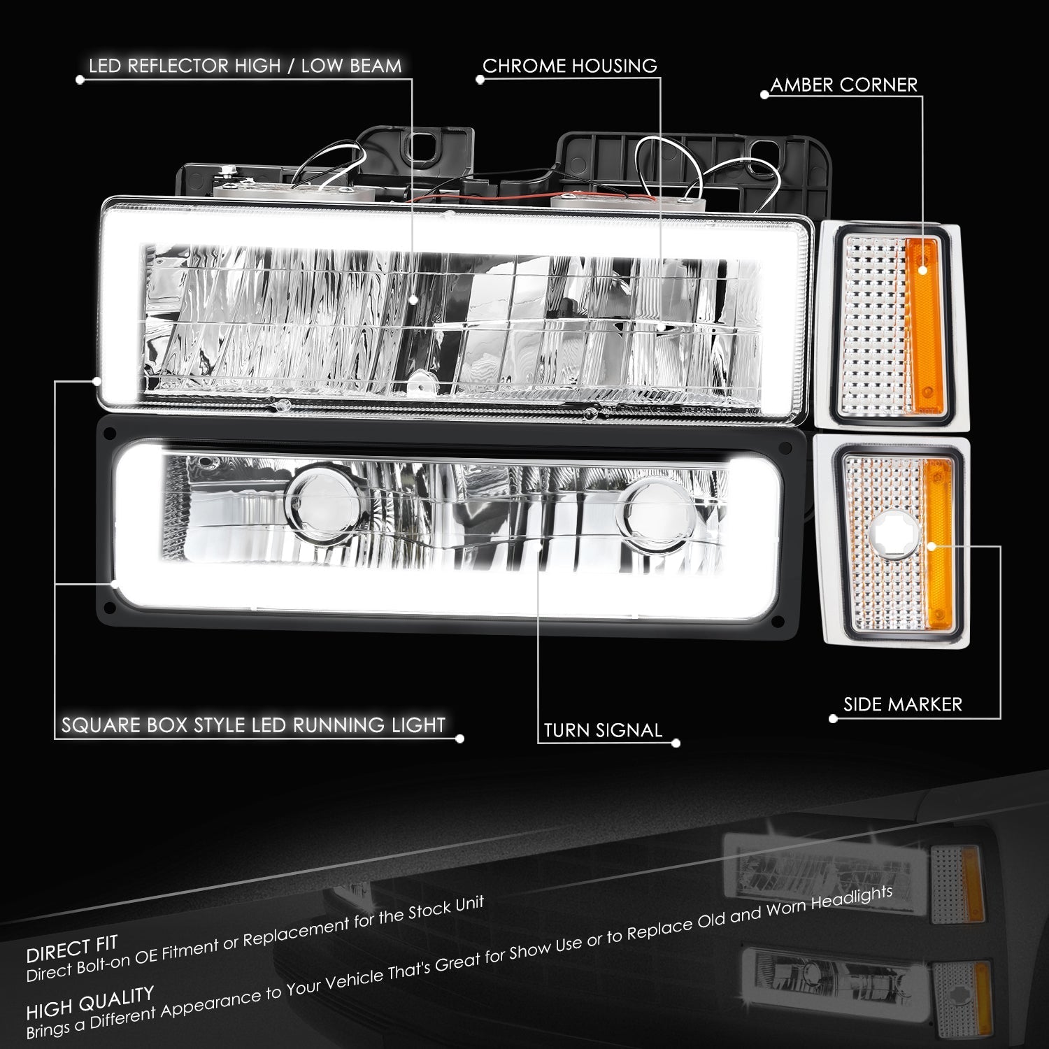 8pcs Square Box LED DRL Headlight Set (Chrome) <br>88-93 Chevy C10 C/K Pickup, Suburban, Tahoe