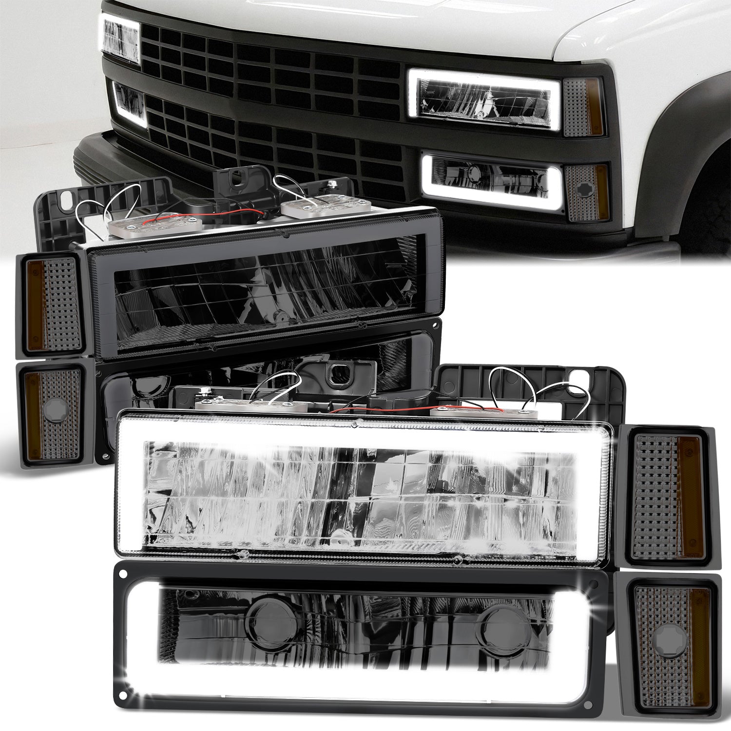 8pcs Square Box LED DRL Headlight Set (Smoked) <br>88-93 Chevy C10 C/K Pickup, Suburban, Tahoe