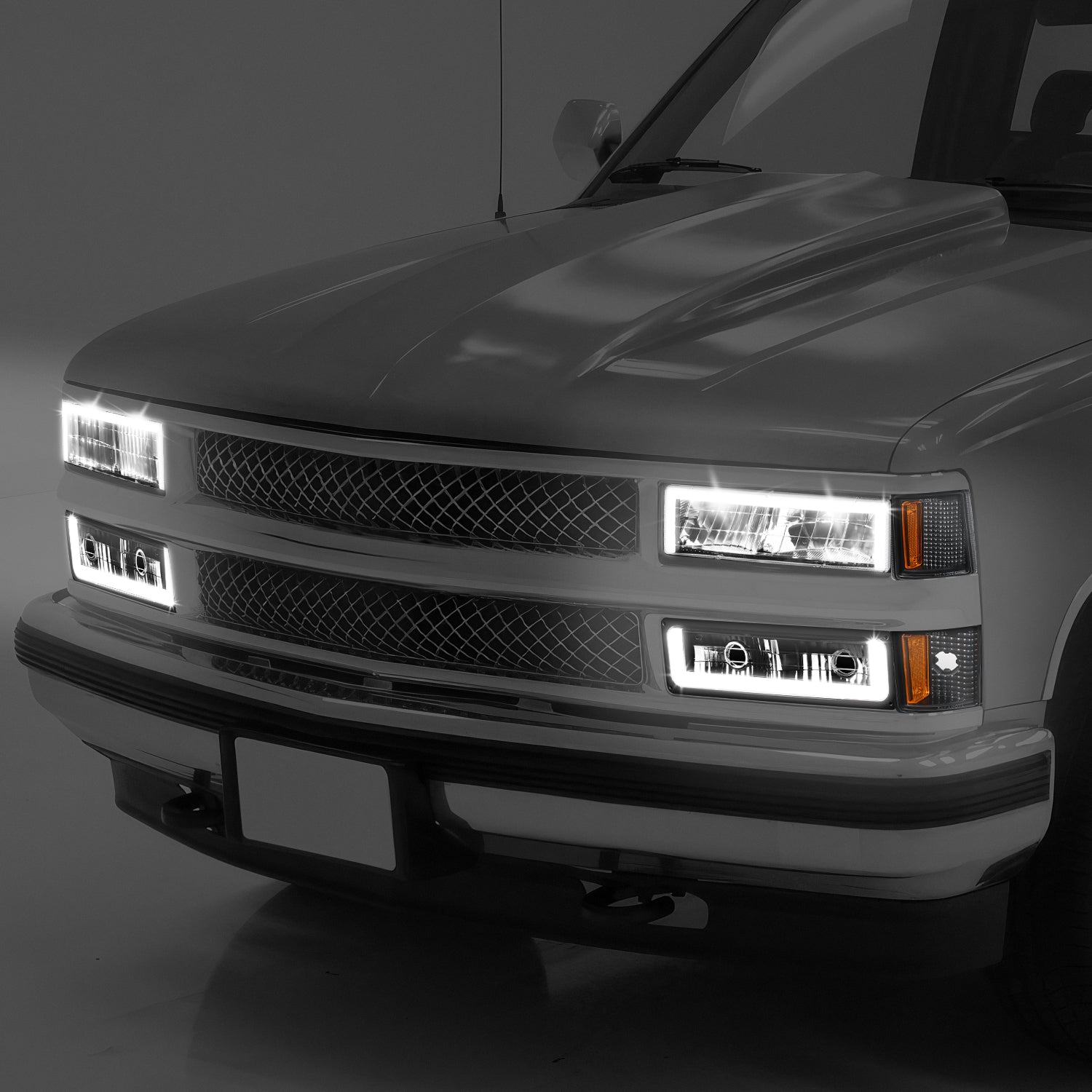 8pcs Square Box LED DRL Headlight Set (Black) <br>94-02 Chevy C10 C/K Pickup, Suburban, Tahoe